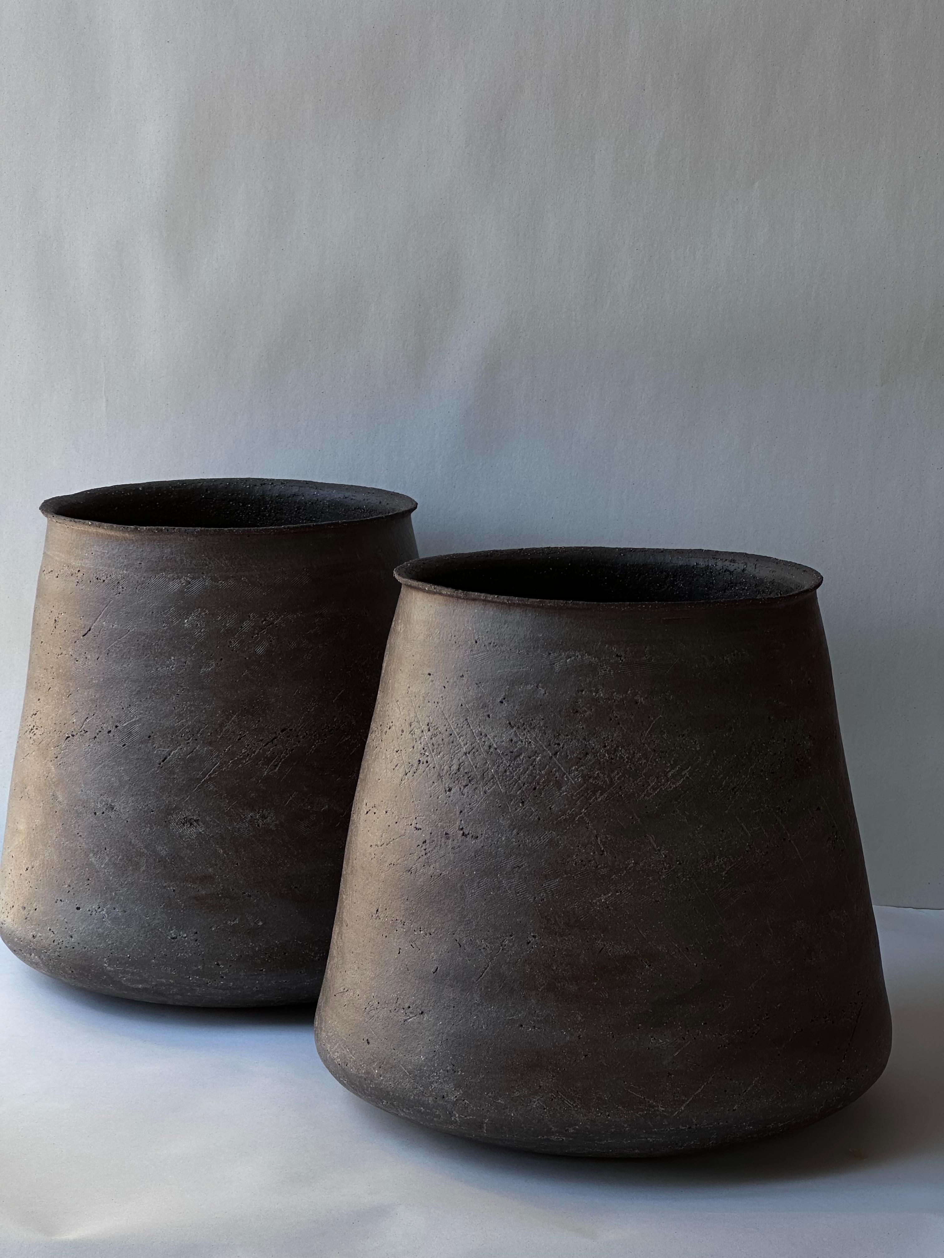Greek Black Stoneware Kalathos Vase by Elena Vasilantonaki For Sale