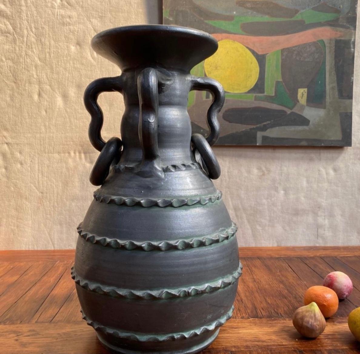 Black Stoneware Vase In Good Condition For Sale In Los Angeles, CA