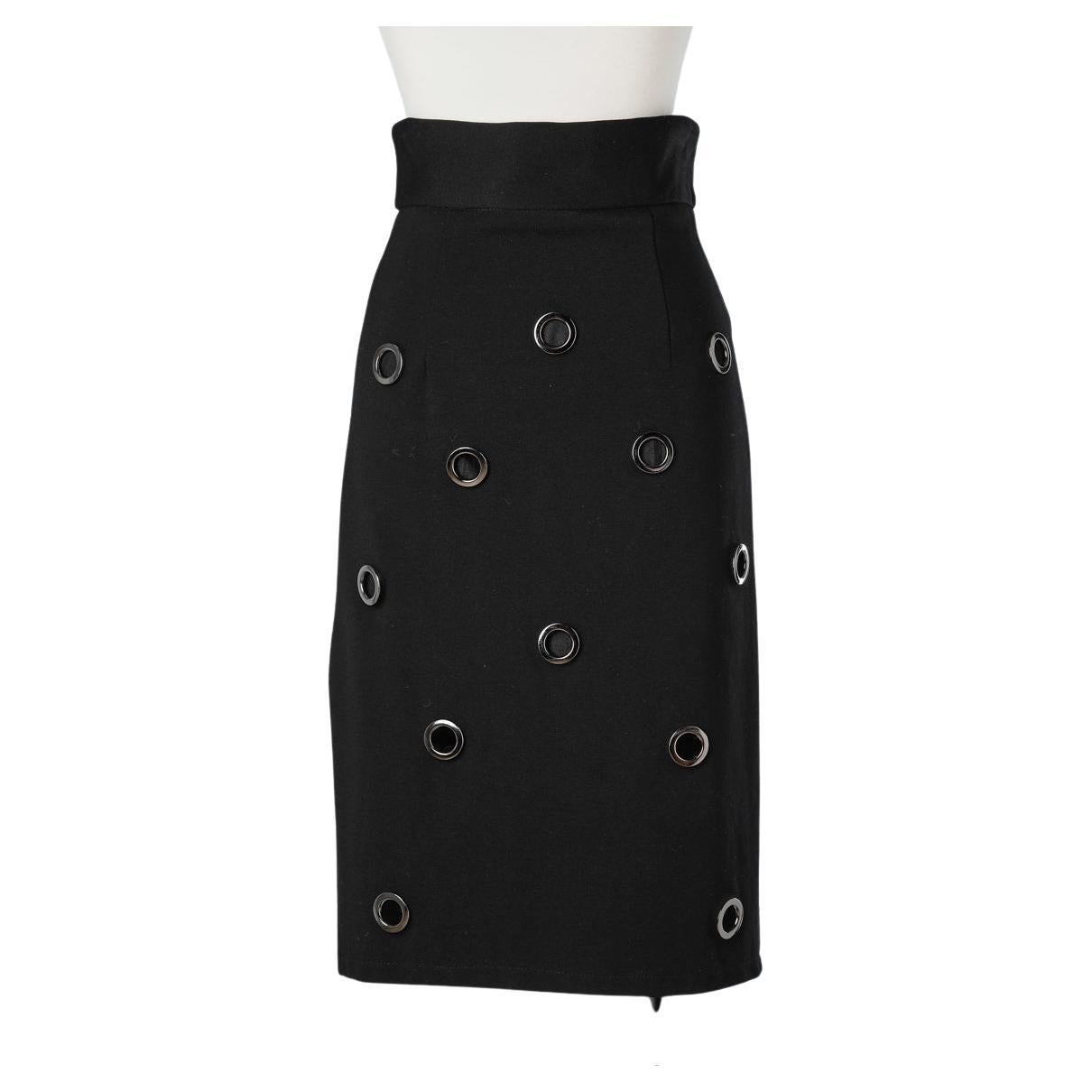Black stretch jersey pencil skirt with metallic eyelet Roméo Gigli  For Sale