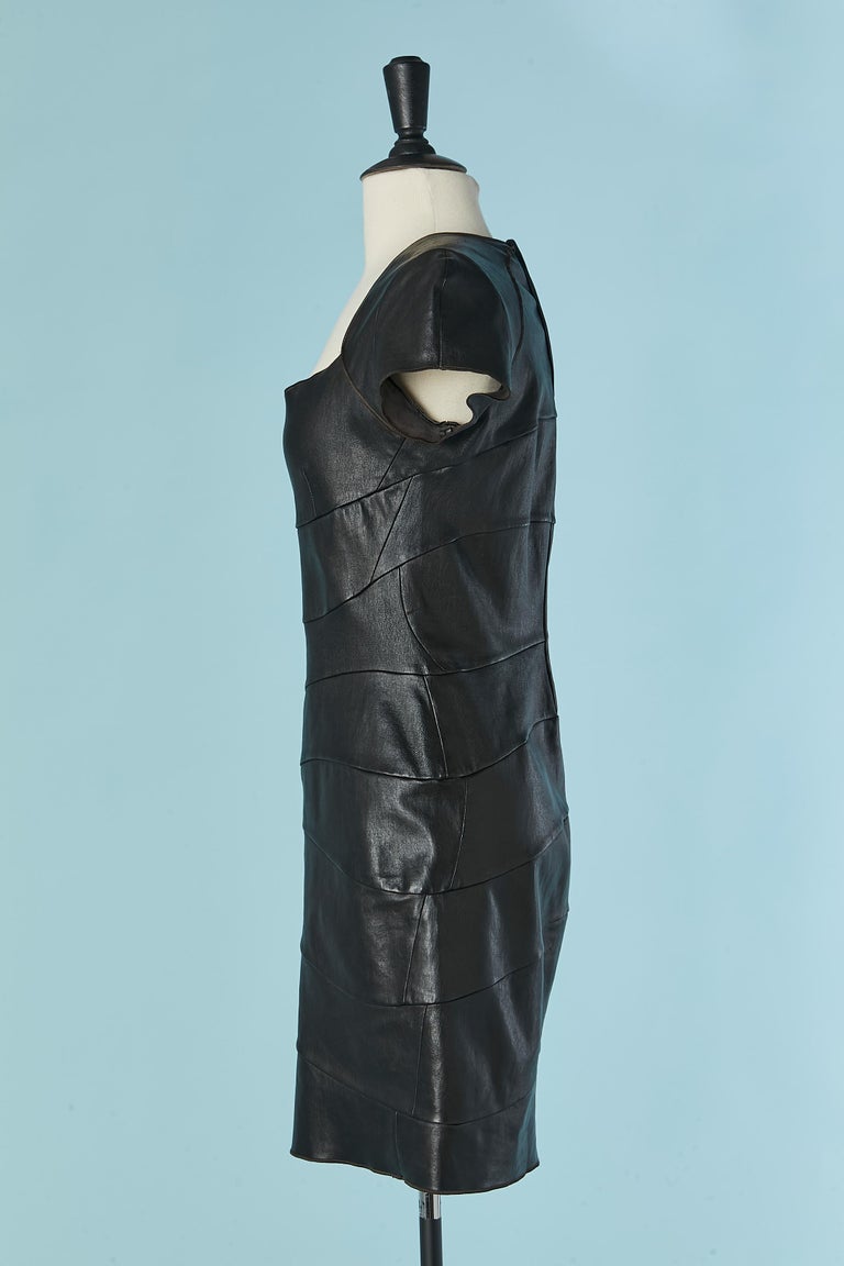 Black stretch leather dress with cut-work and short sleeve JITROIS For Sale  at 1stDibs
