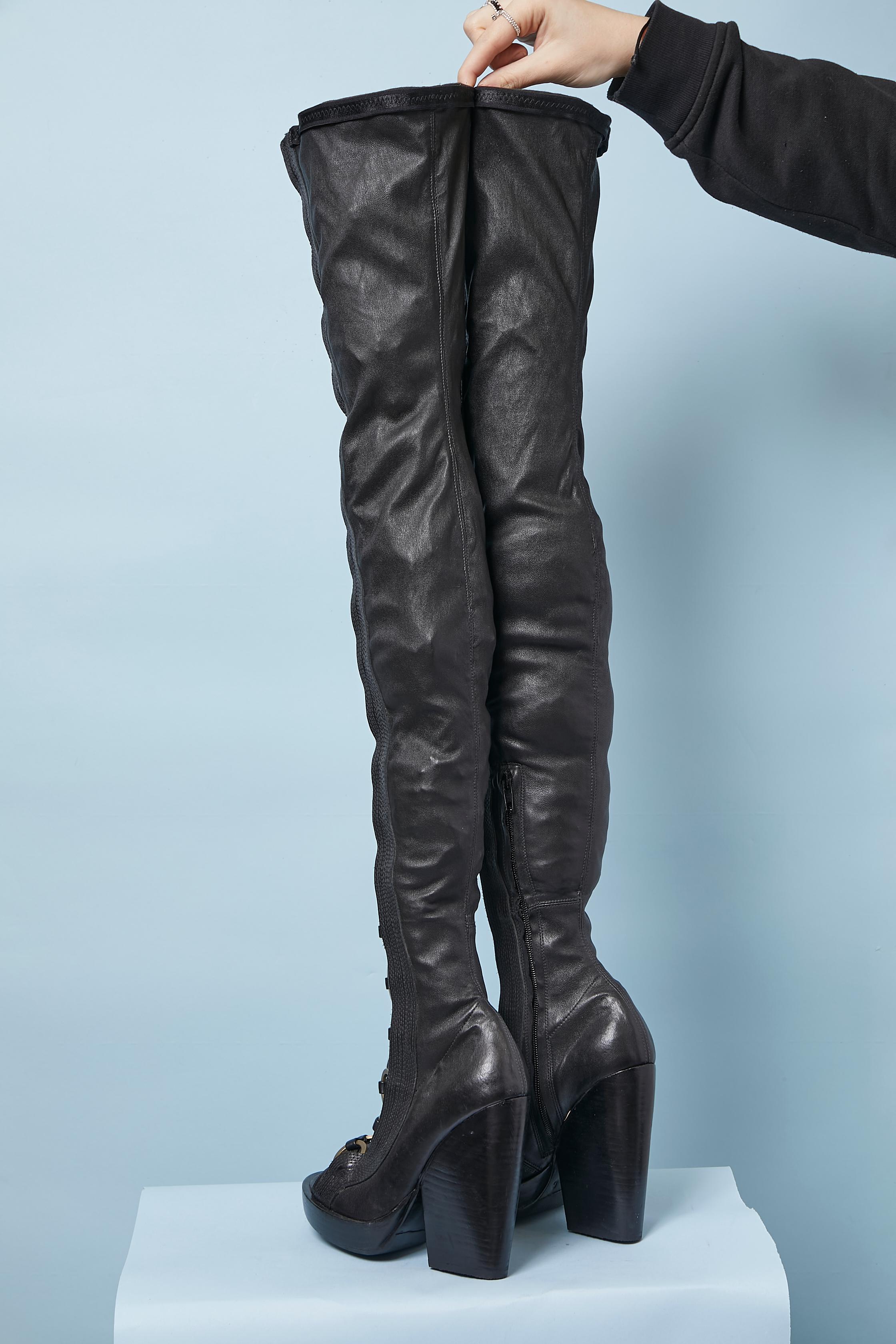 Black stretch leather high boots open toe with metal ring For Sale 1