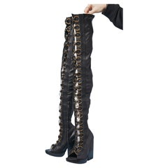 Black stretch leather high boots open toe with metal ring