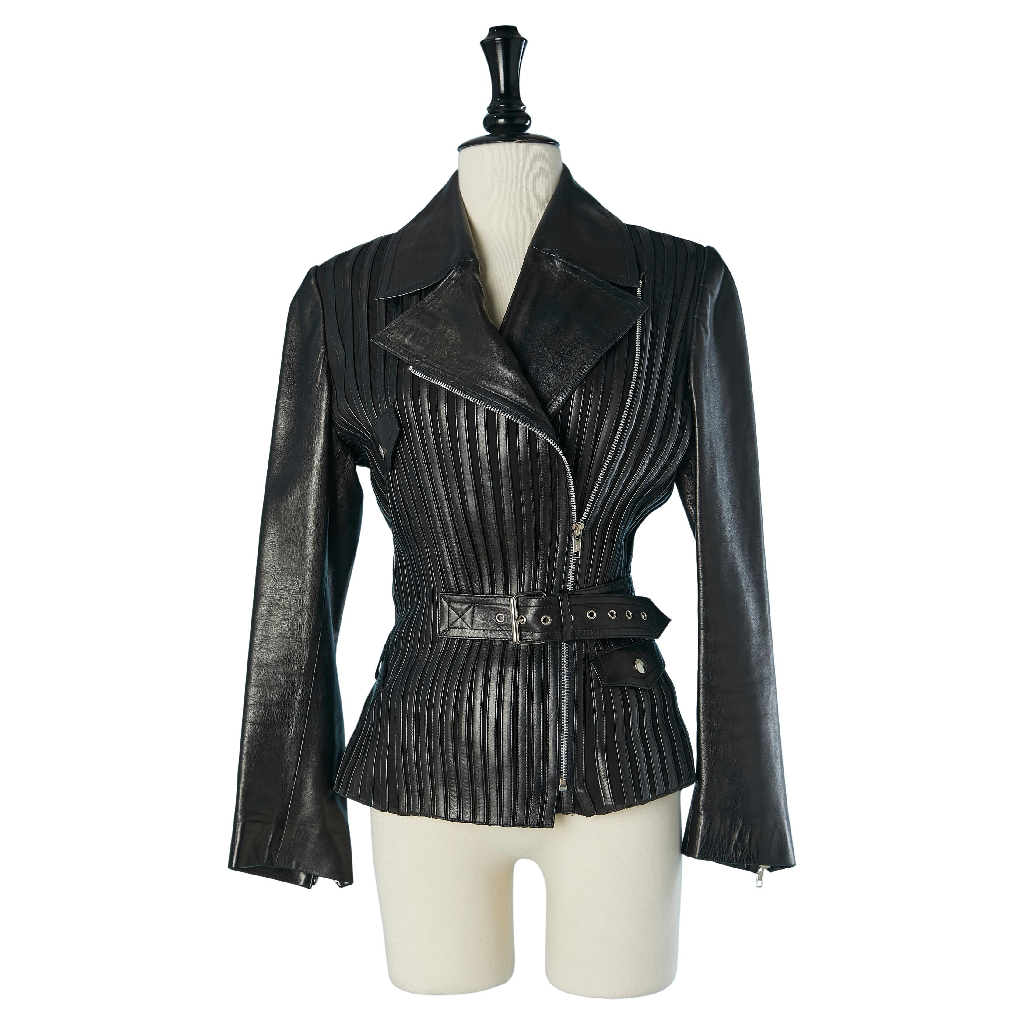 Veste en cuir stretch noir avec ceinture JITROIS