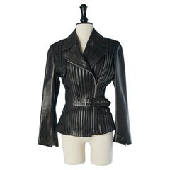 Veste en cuir stretch noir avec ceinture JITROIS
