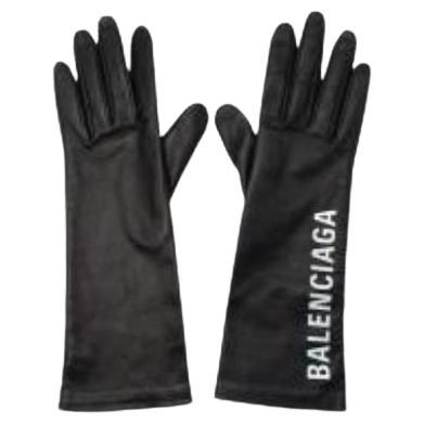 Black stretch leather logo gloves 7 For Sale