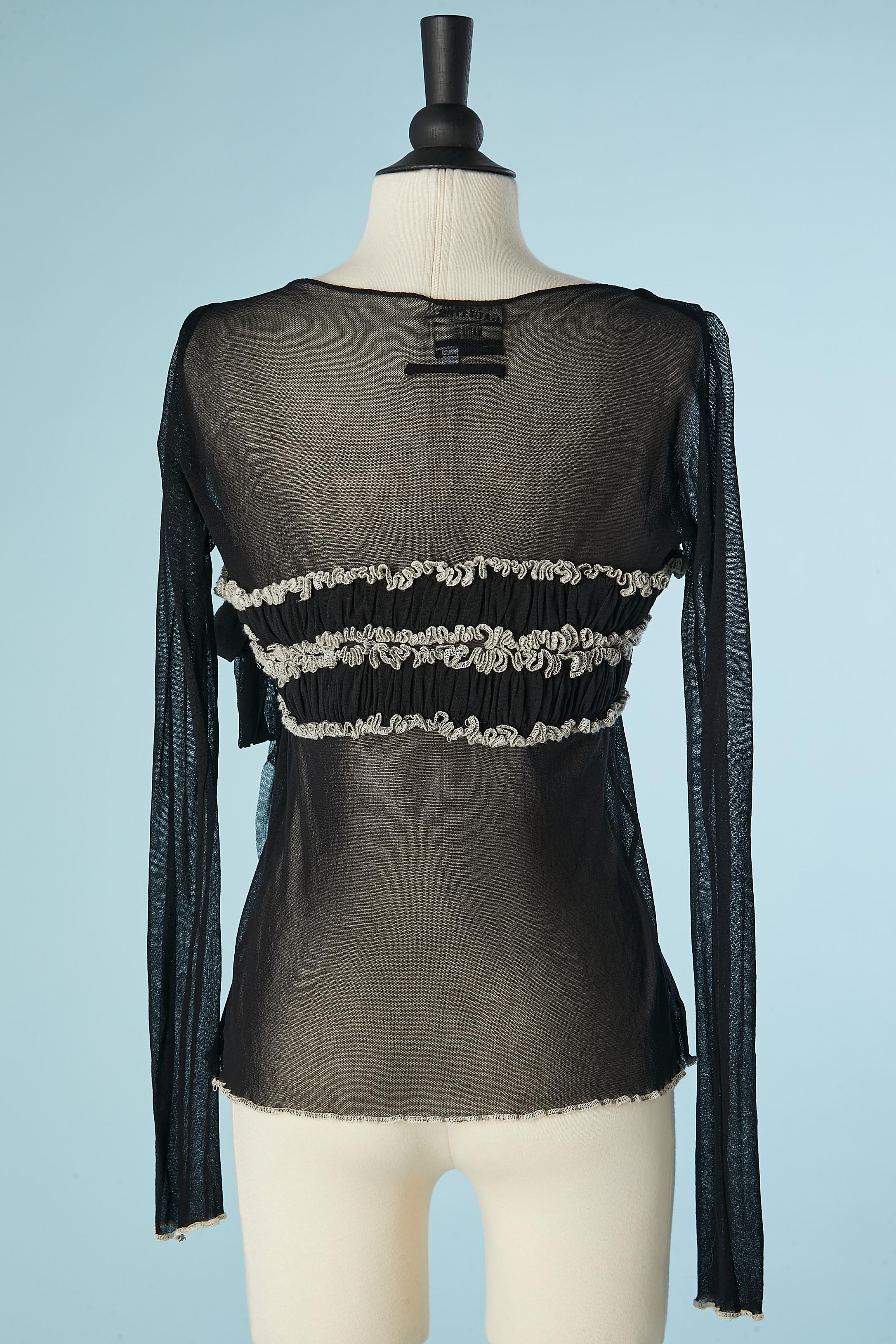 Black stretch tulle top with gather and top-stitching Jean-Paul Gaultier Maille  For Sale 1