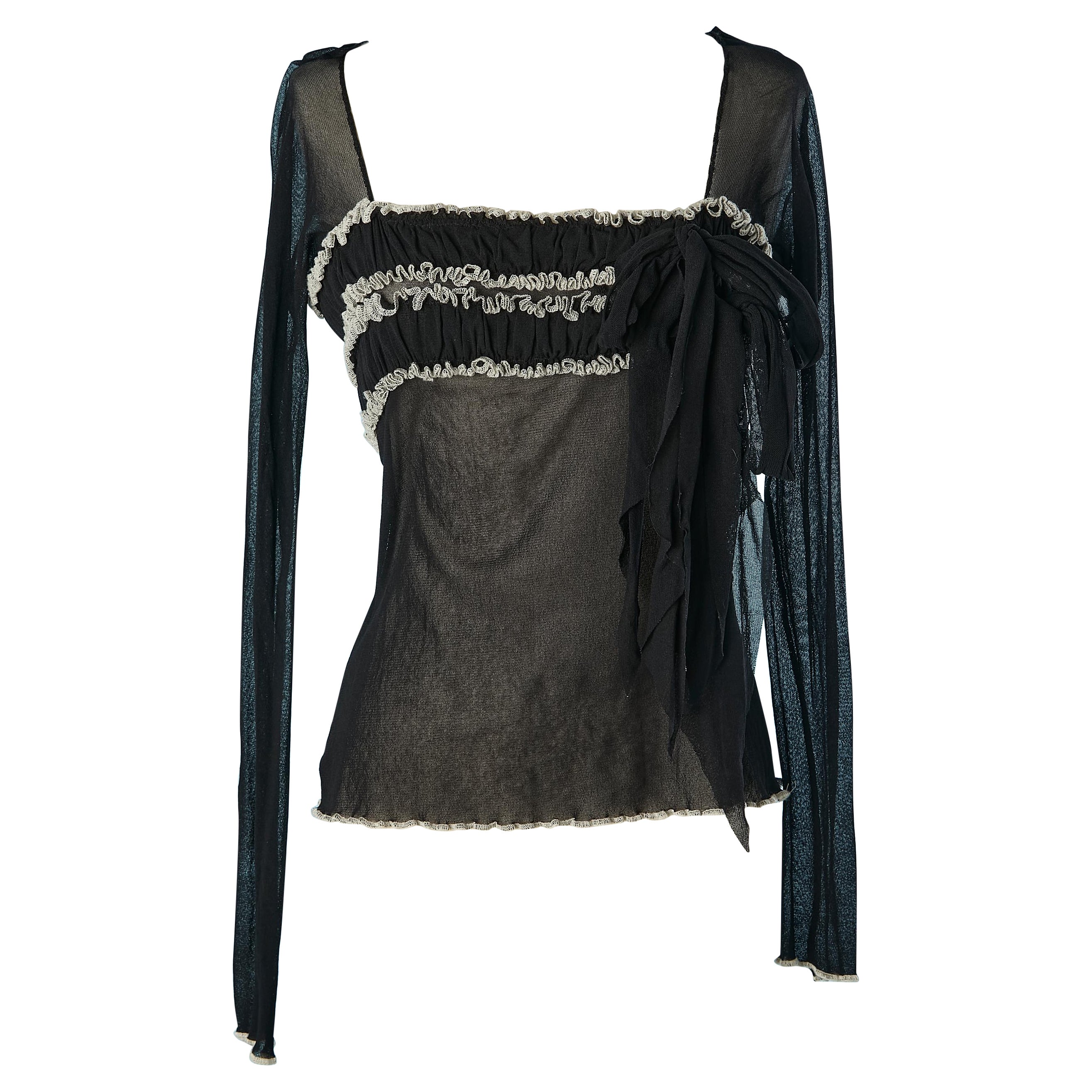 Top en tulle stretch noir avec fronces et Stitch by Stitch Jean Paul Gaultier Maille