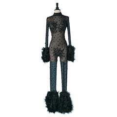 Black stretch tulle with black beads appliqué and faux-fur