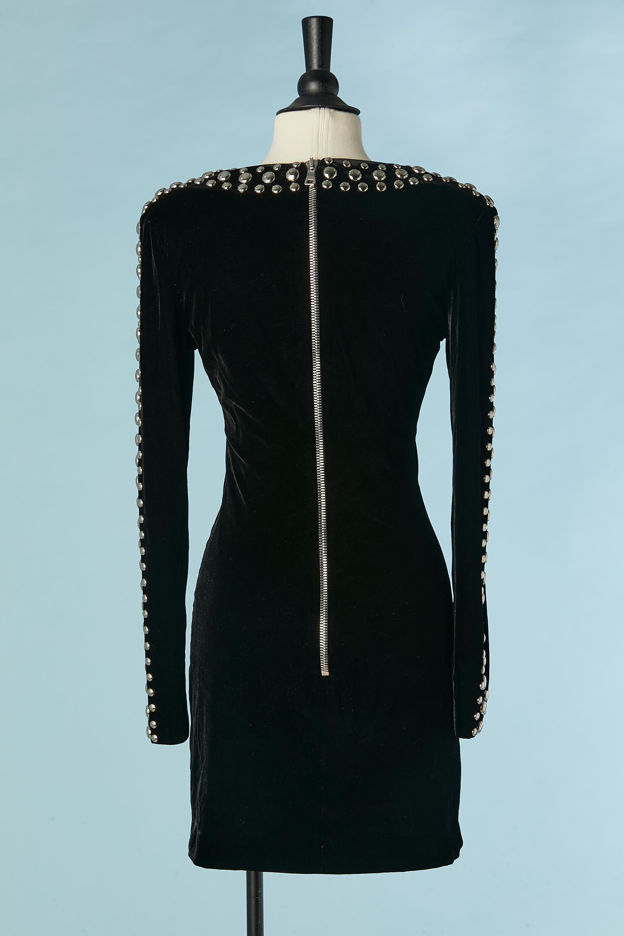 Black stretch velvet cocktail dress with silver studs Balmain 2