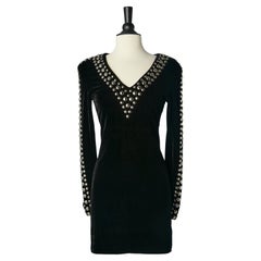 Black stretch velvet cocktail dress with silver studs Balmain