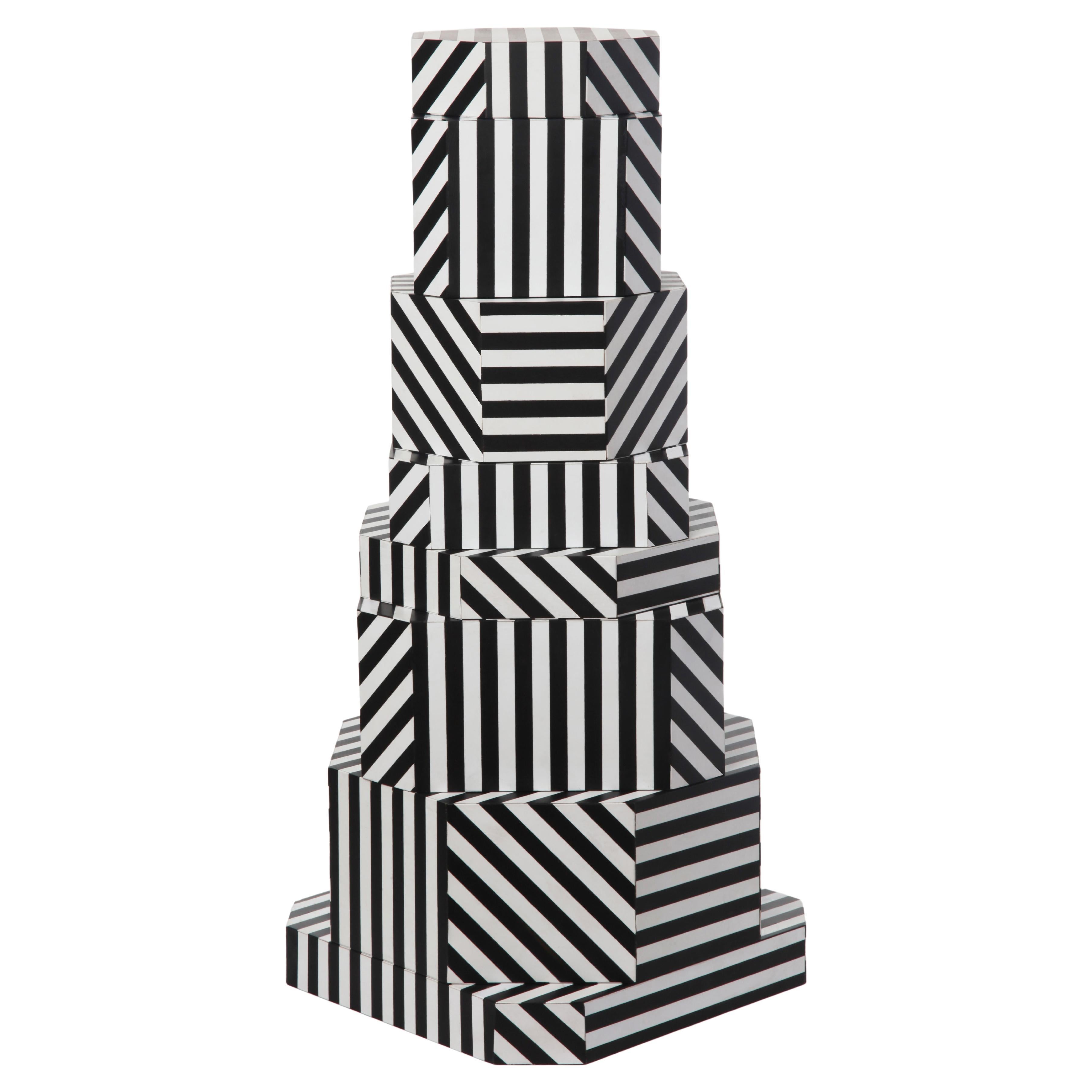 Black Stripes Ziggurat Boxes by Oeuffice For Sale