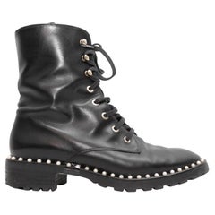 Black Stuart Weitzman Leather Faux Pearl-Trimmed Combat Boots