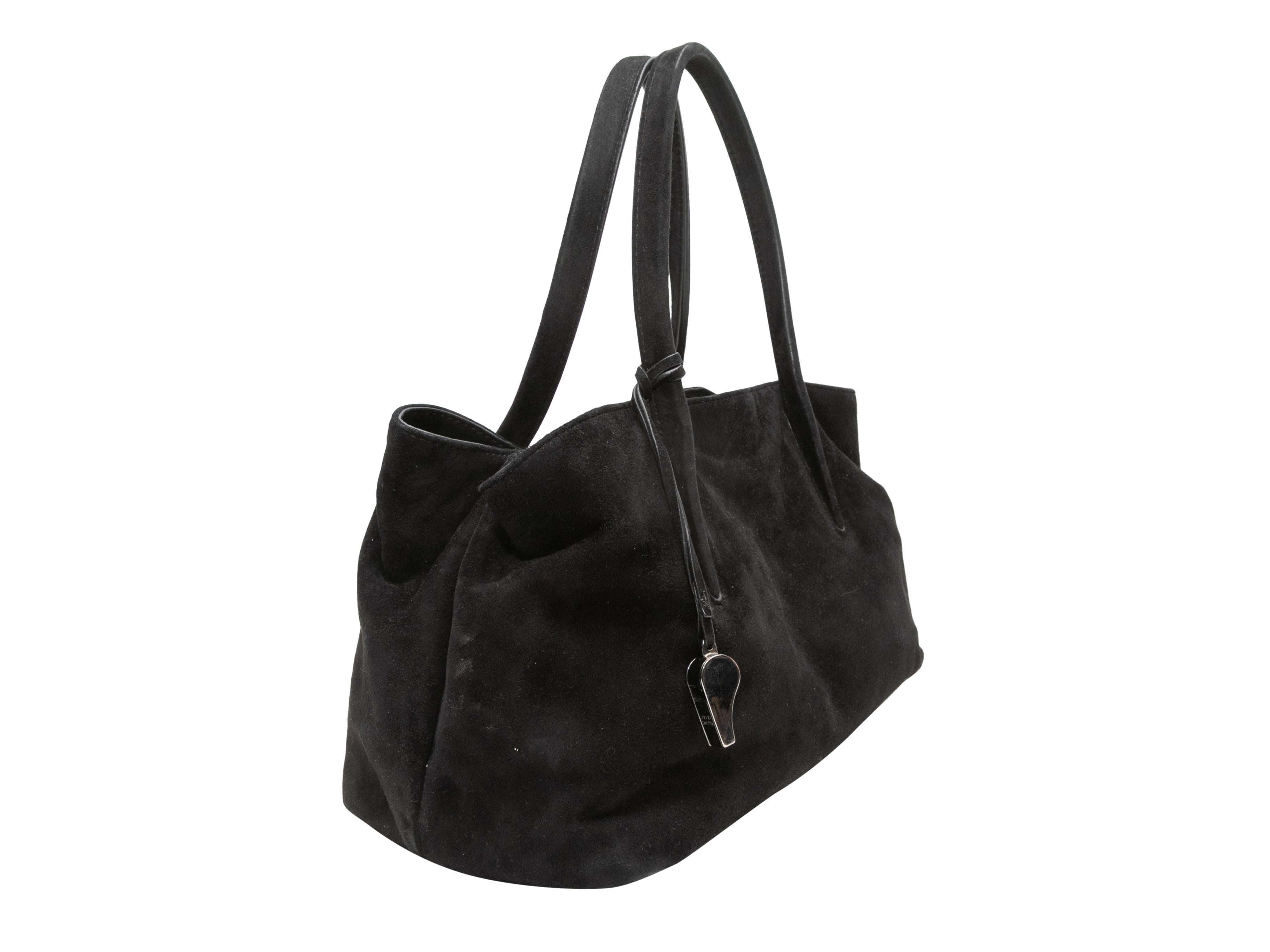 Black Stuart Weitzman Suede Shoulder Bag. This shoulder bag features a suede body, silver-tone hardware, tassel and whistle accents, dual shoulder straps, and a top zip closure. 18.5