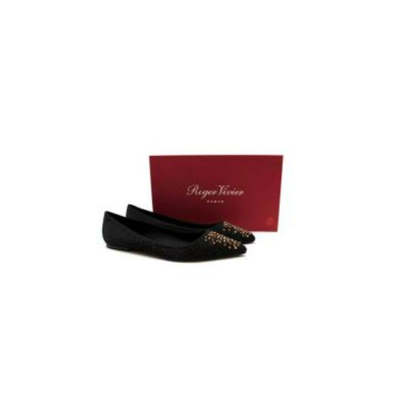 Roger Vivier Black studded point toe flat pumps
 
 - Pointed toe 
 - Slip-on
 - Crystal studded body, in black with bronze toe cap
 - Branded insoles 
 
 Material: 
 Satin 
 
 Made in Italy 
 
 Never worn, but tried on, please refer to images for