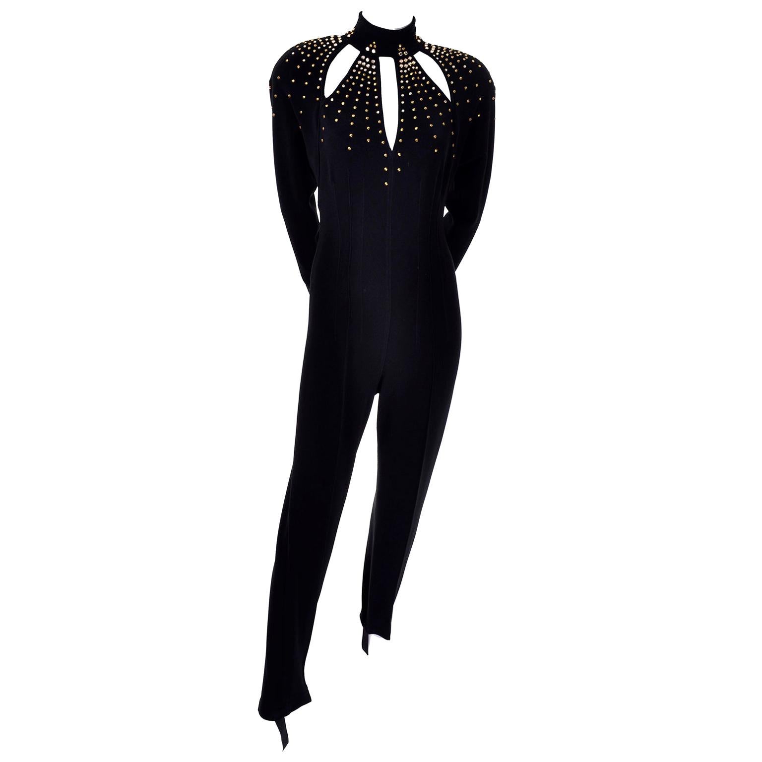 Black Studded Tadashi Vintage Jumpsuit With Stirrups & Keyhole Openings Medium