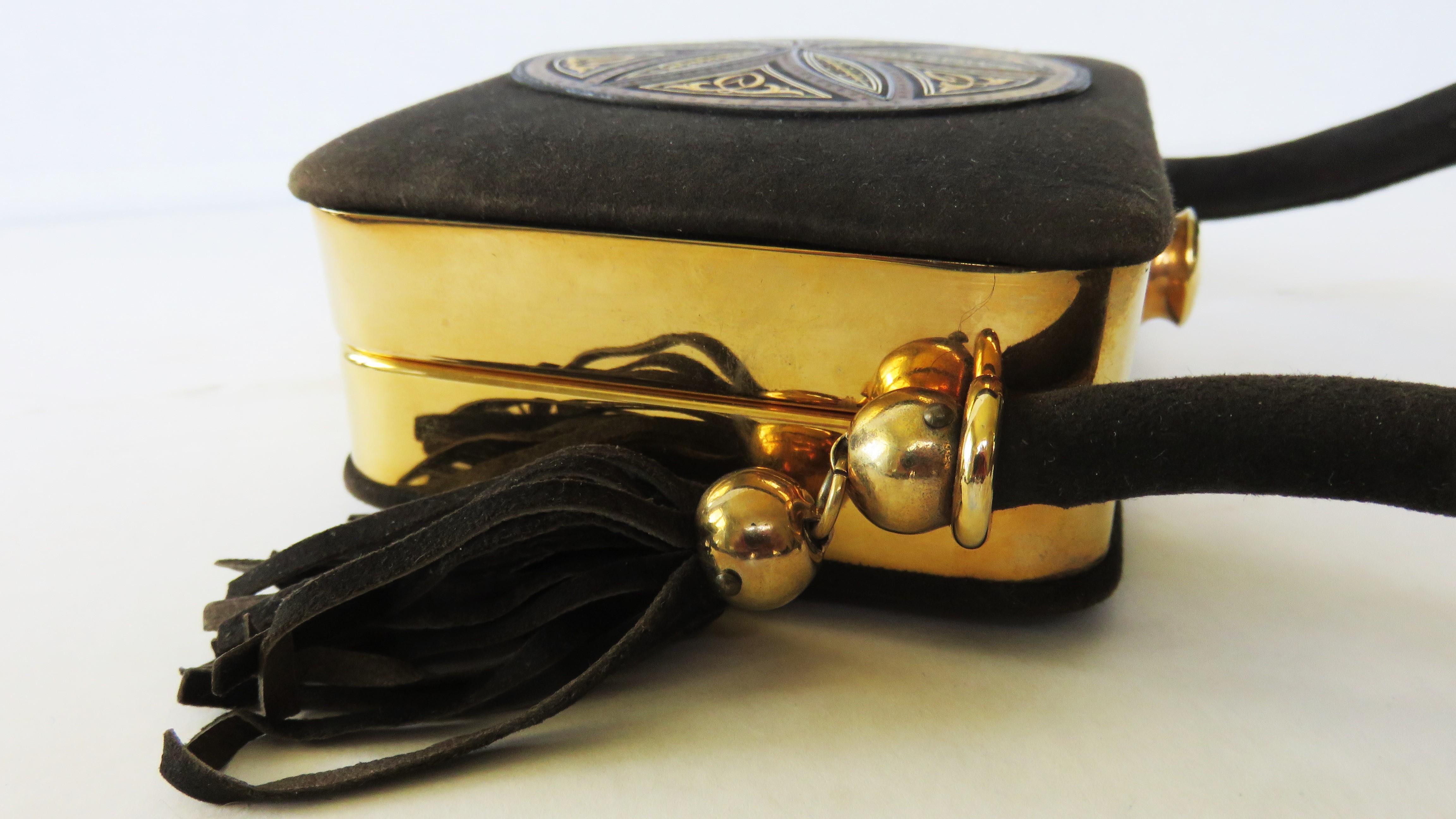  1950s Suede Minaudiere Compact Evening Bag with Medallion Front For Sale 5