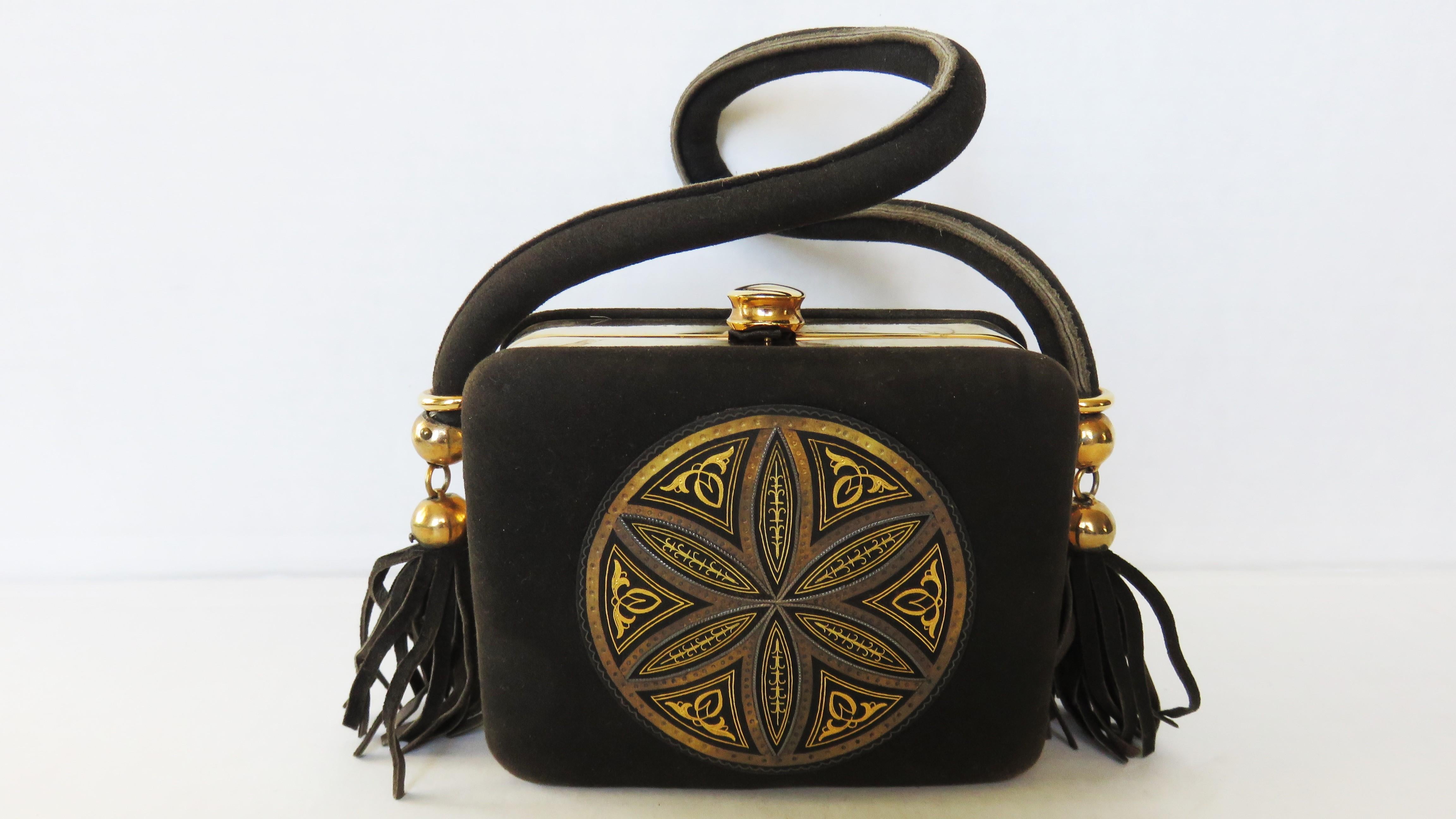  1950s Suede Minaudiere Compact Evening Bag with Medallion Front For Sale 6