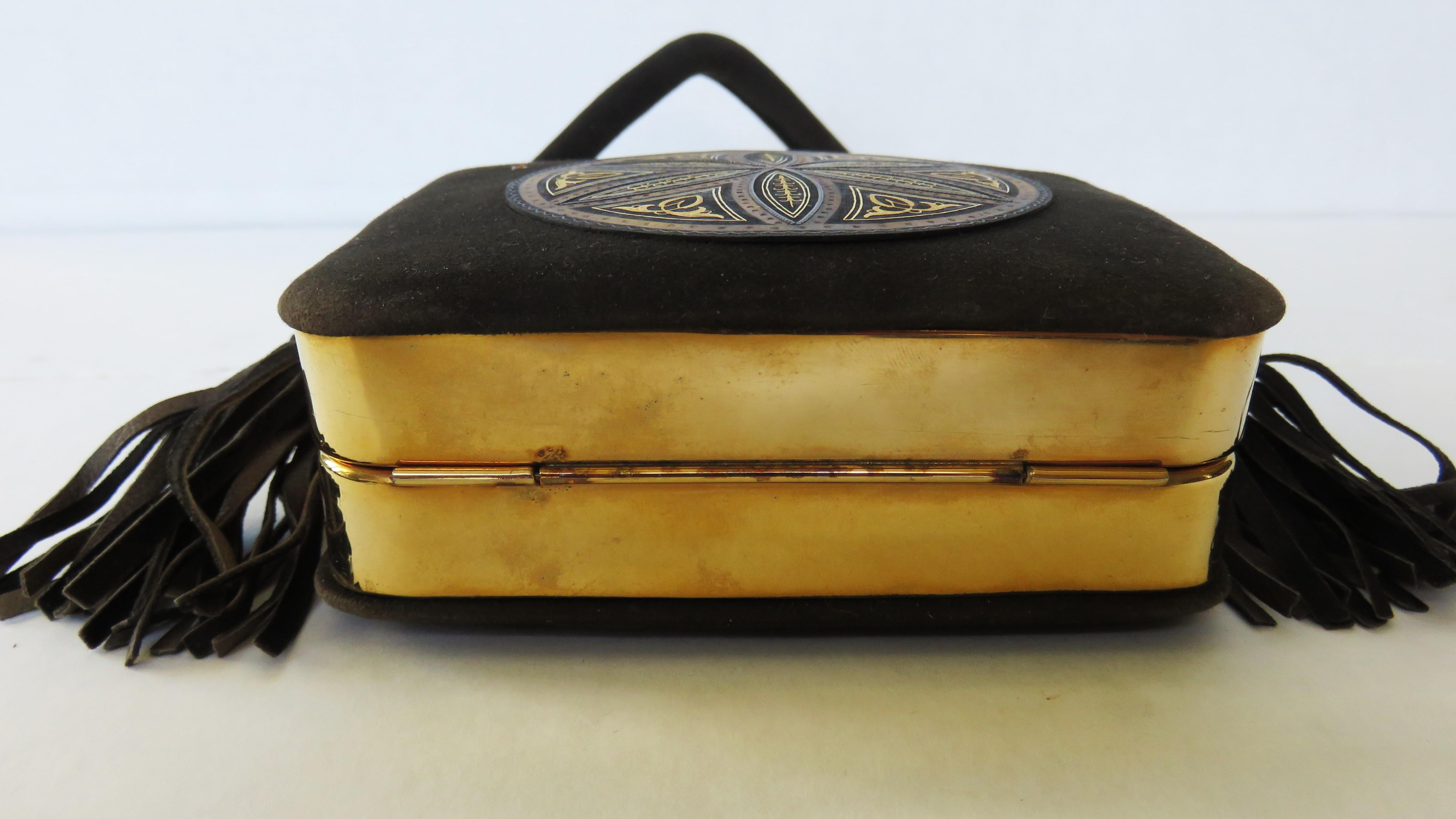  1950s Suede Minaudiere Compact Evening Bag with Medallion Front For Sale 7