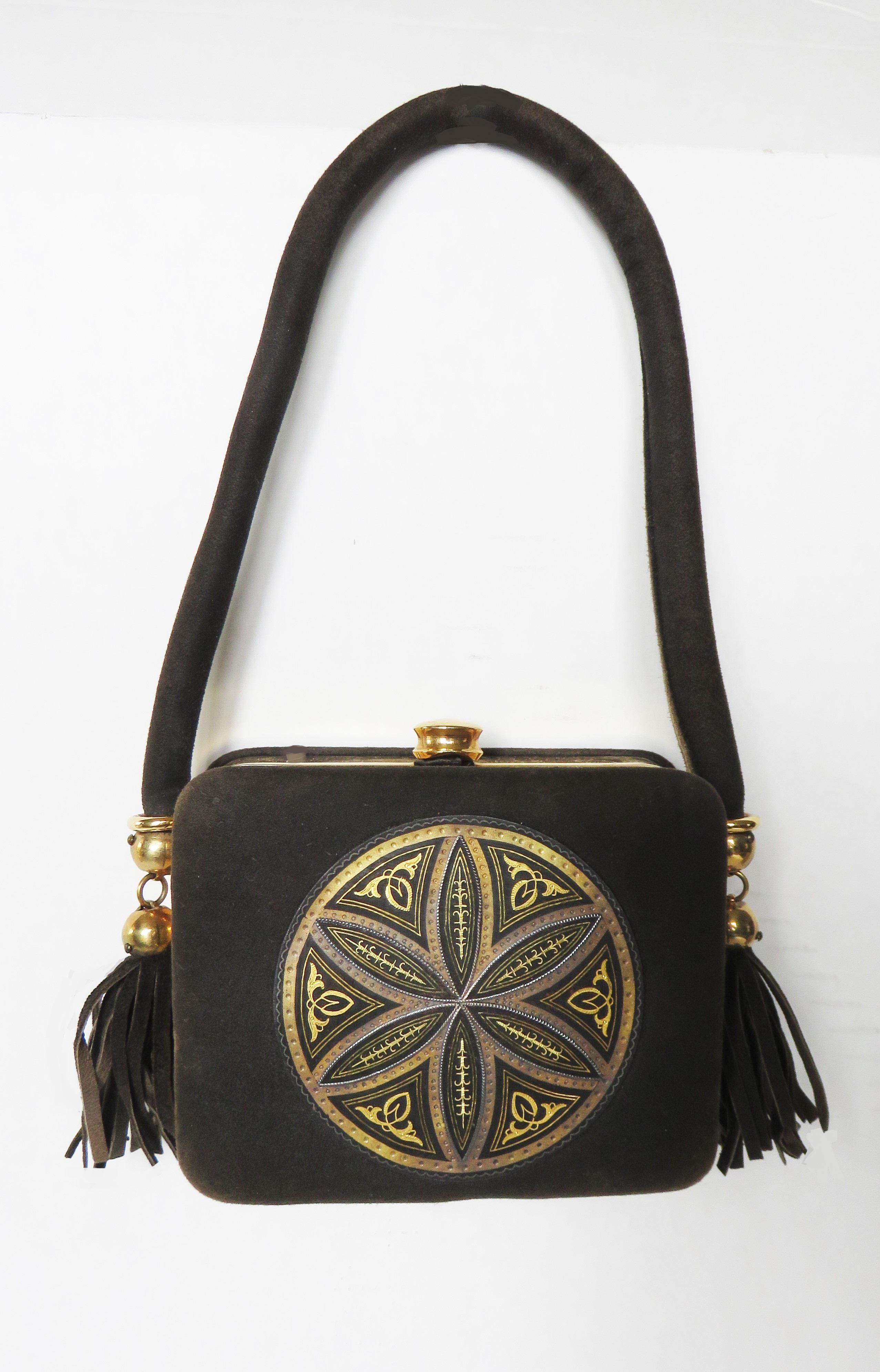  1950s Suede Minaudiere Compact Evening Bag with Medallion Front For Sale 10