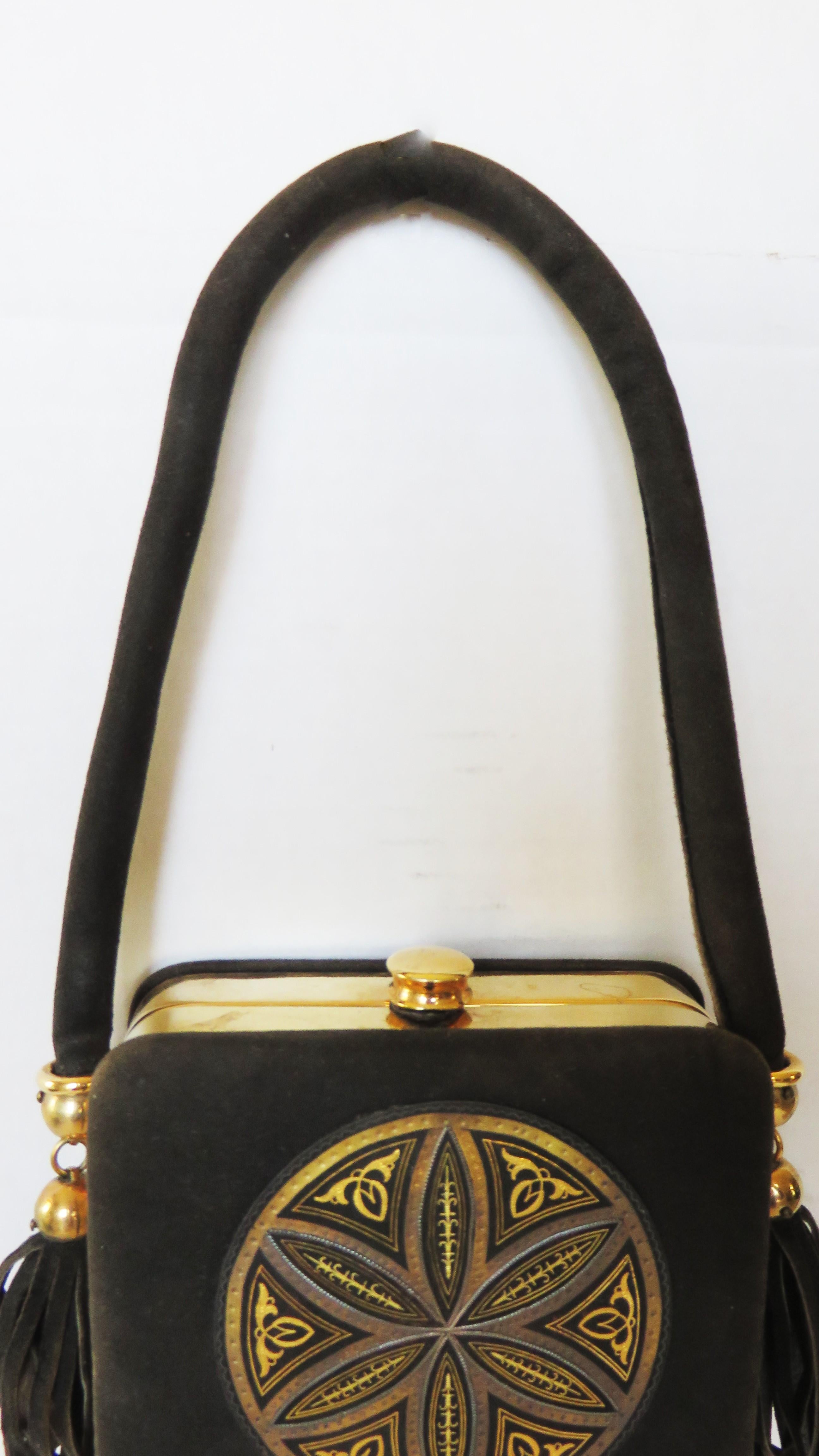 Black 1950s Suede Minaudiere Compact Evening Bag with Medallion Front For Sale