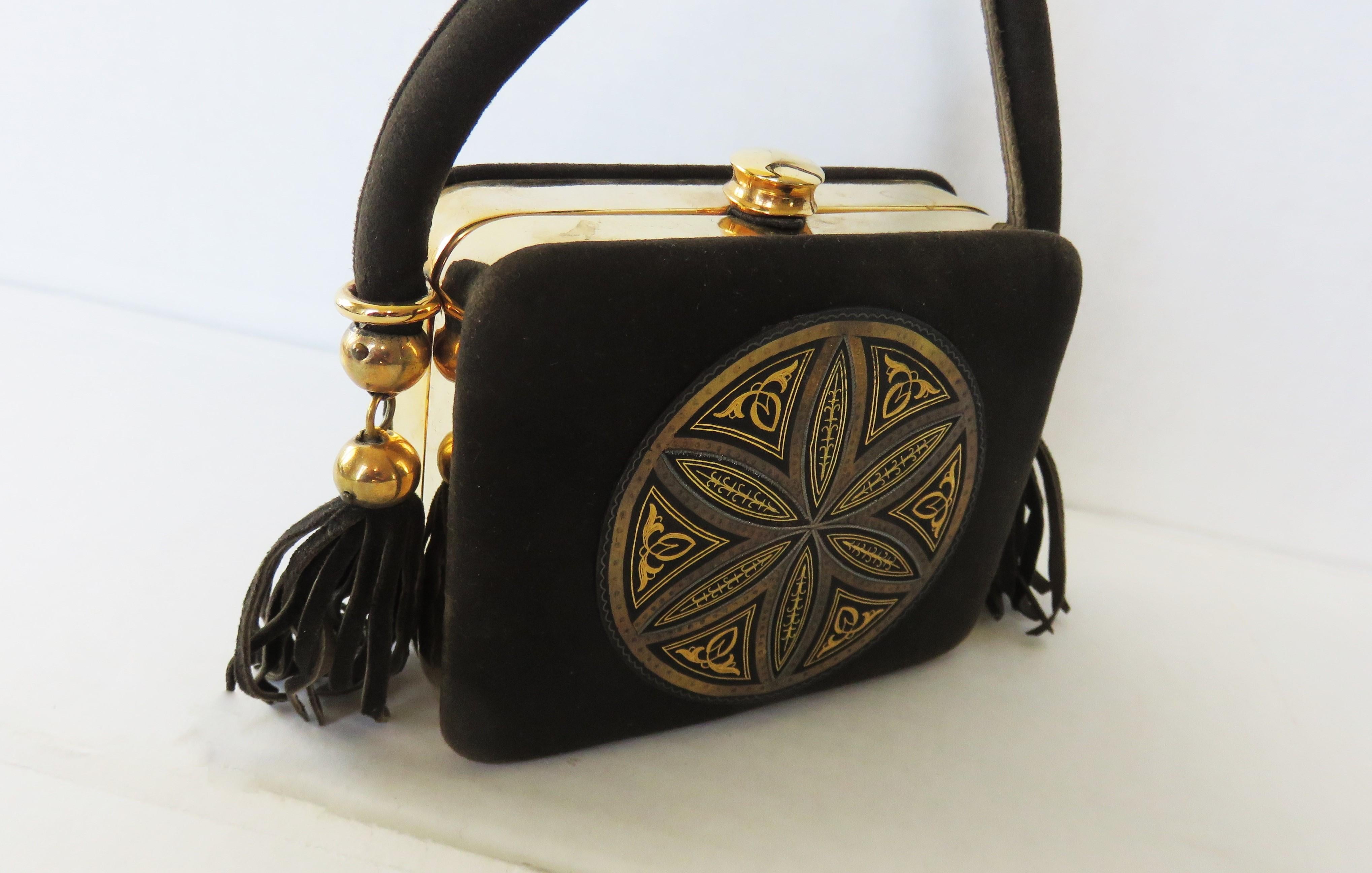  1950s Suede Minaudiere Compact Evening Bag with Medallion Front For Sale 3