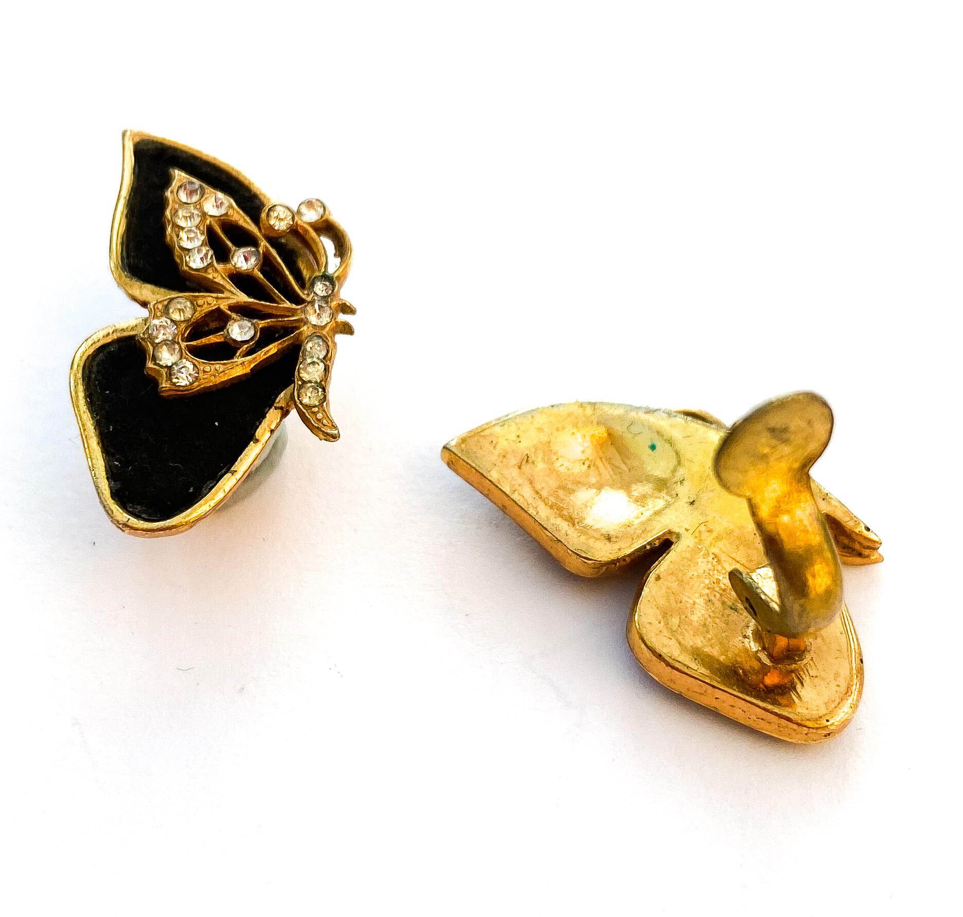Art Deco Black suede and clear paste 'butterfly' earrings, H De La Pensee, France, 1930s. For Sale