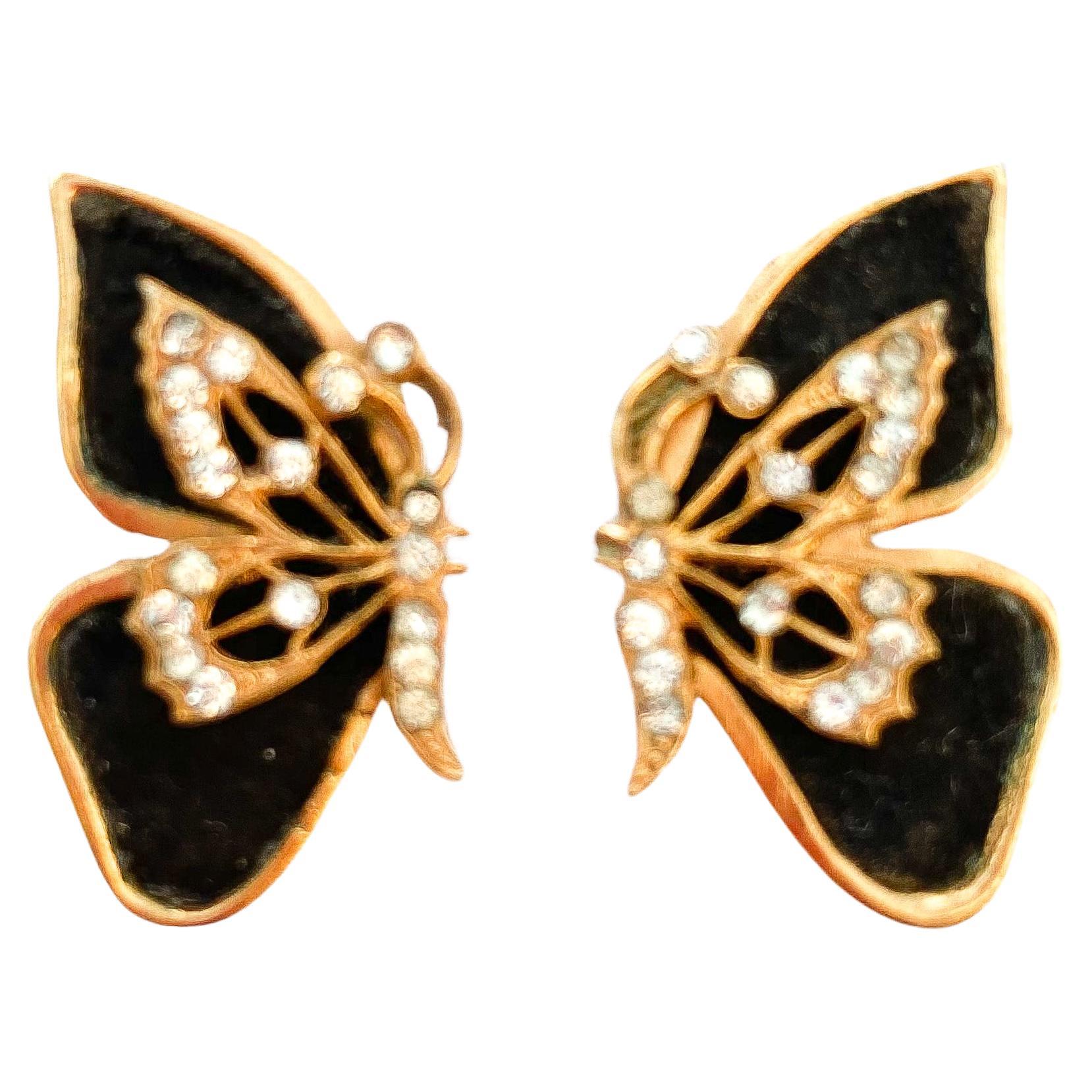 Black suede and clear paste 'butterfly' earrings, H De La Pensee, France, 1930s. For Sale