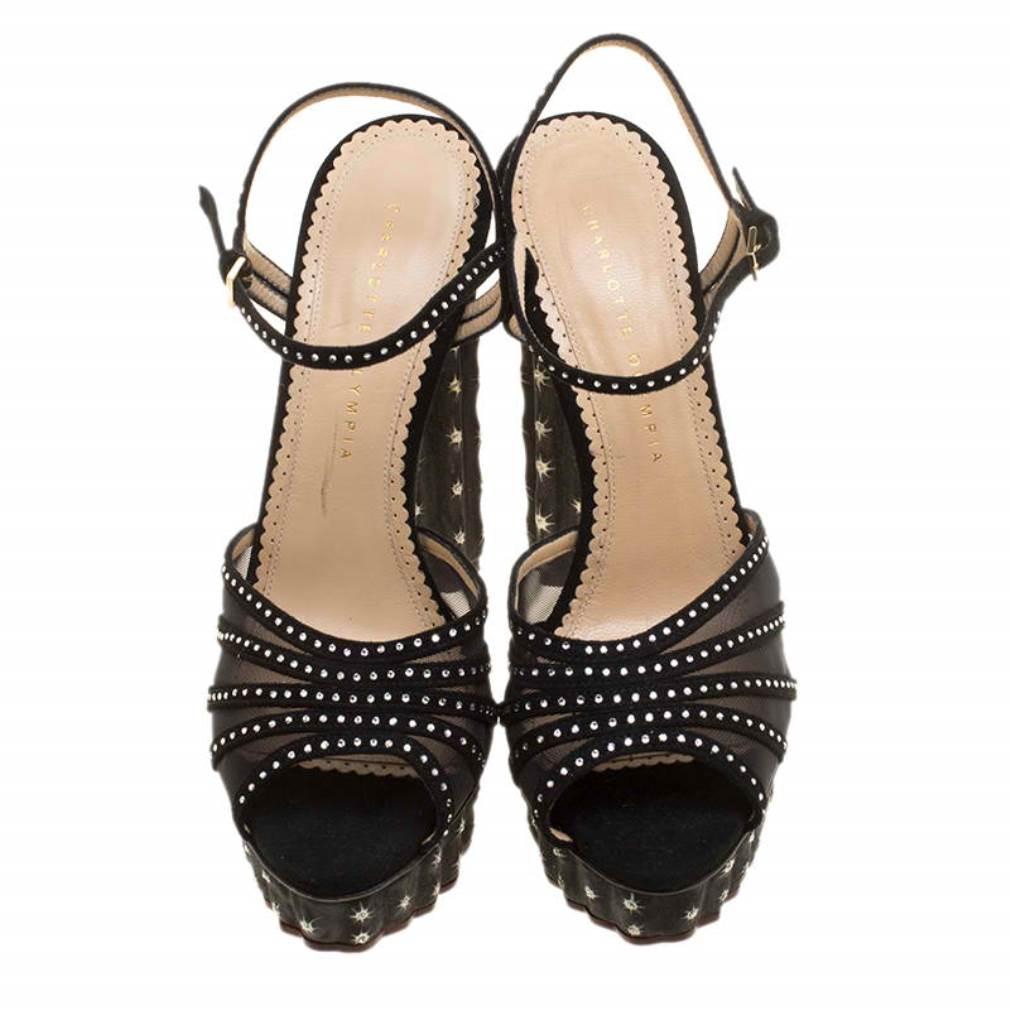 Black Suede And Mesh Cactus Crystal Studded Ankle Strap Platform Sandals Size 41 In New Condition In Dubai, Al Qouz 2