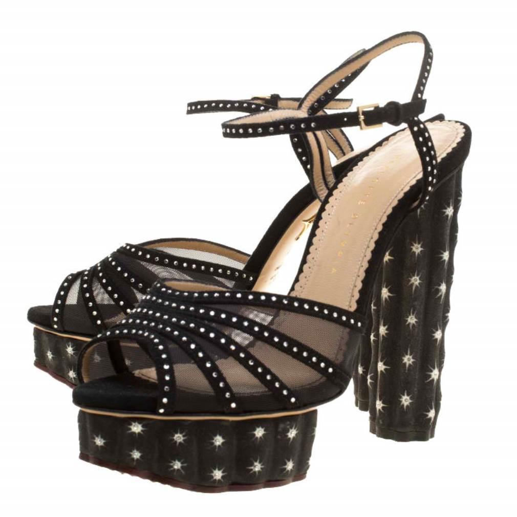 Women's Black Suede And Mesh Cactus Crystal Studded Ankle Strap Platform Sandals Size 41