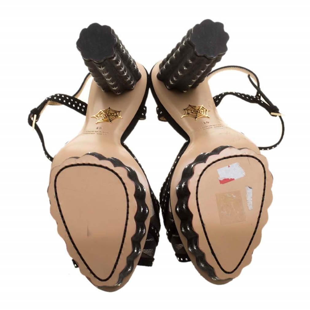Black Suede And Mesh Cactus Crystal Studded Ankle Strap Platform Sandals Size 41 2