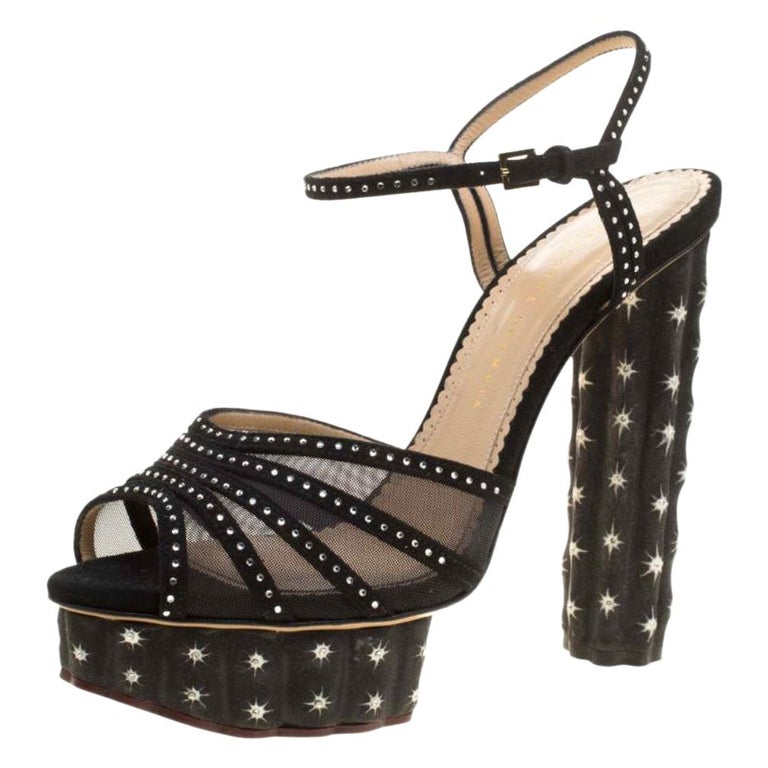 Black Suede And Mesh Cactus Crystal Studded Ankle Strap Platform ...