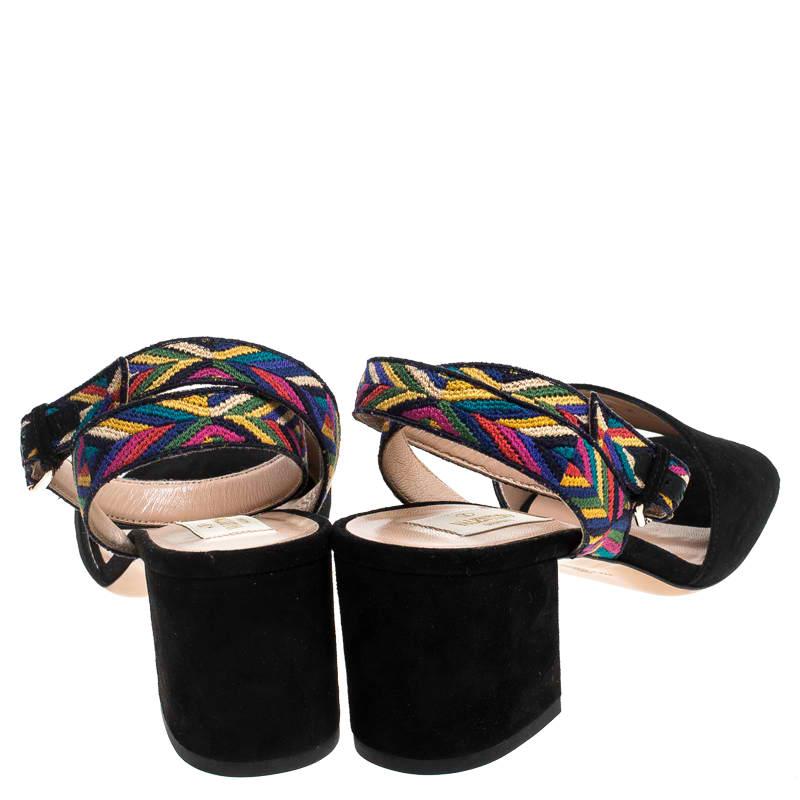 Black Suede And Multicolor Embroidered Fabric Strap Block Heel Sandals Size 38.5 In New Condition In Dubai, Al Qouz 2
