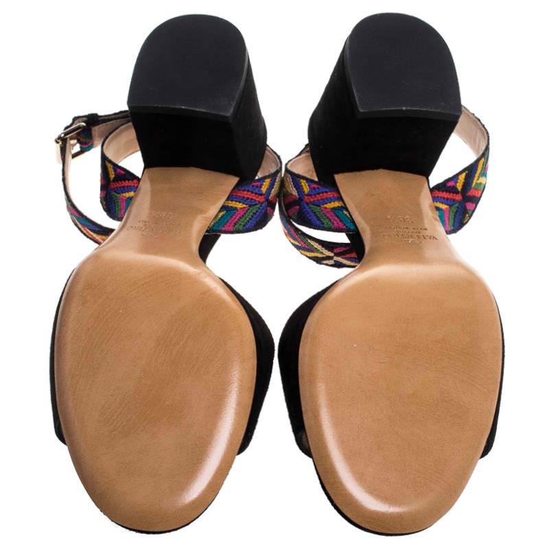 Women's Black Suede And Multicolor Embroidered Fabric Strap Block Heel Sandals Size 38.5