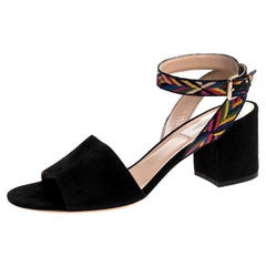 Black Suede And Multicolor Embroidered Fabric Strap Block Heel Sandals Size 38.5