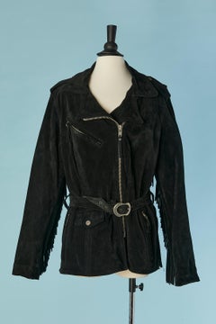 Black suede biker jacket with fringes sleeves and back Harley Davidson