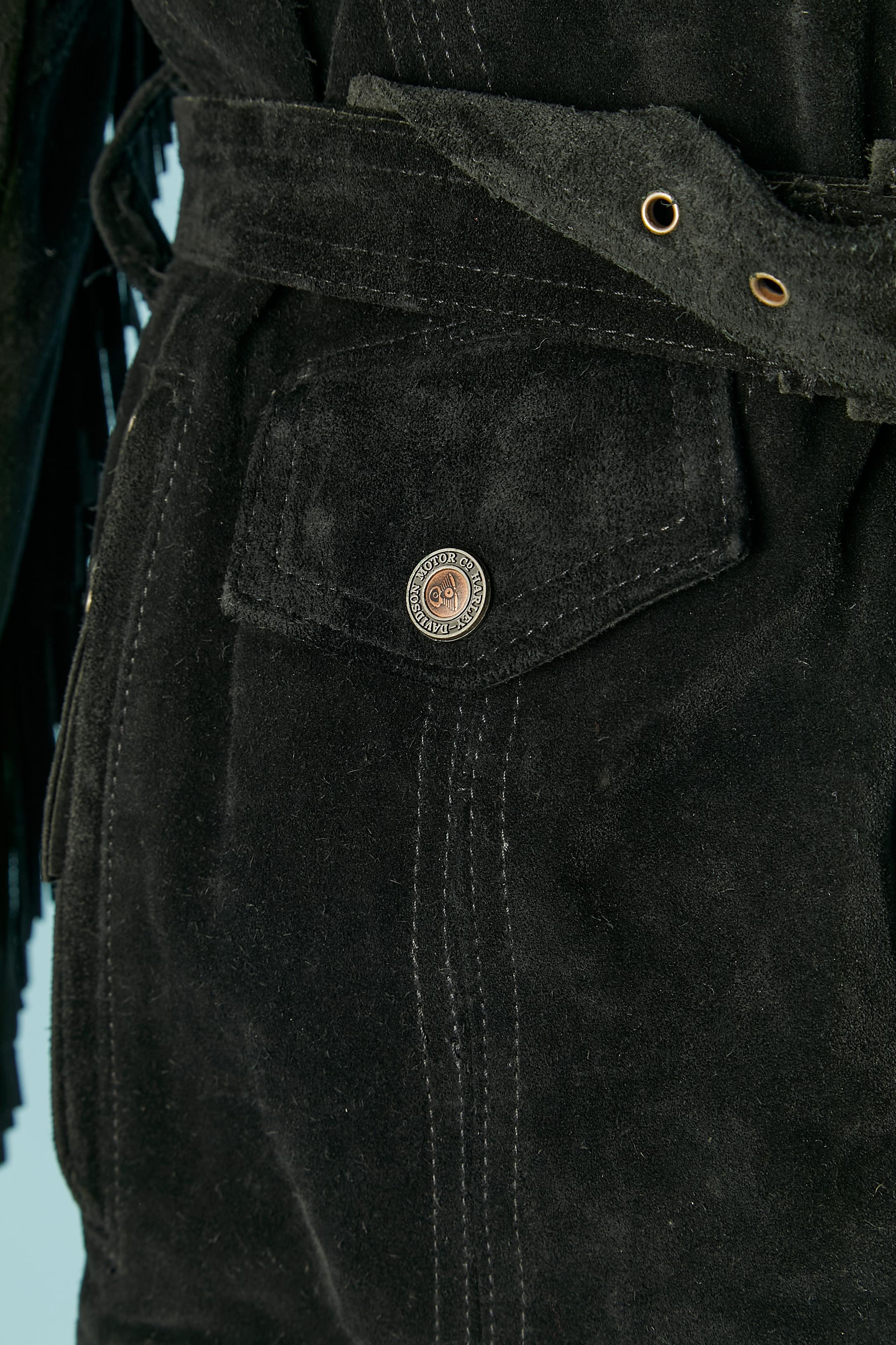 Women's or Men's Black suede biker jacket with fringes sleeves and back Harley Davidson For Sale