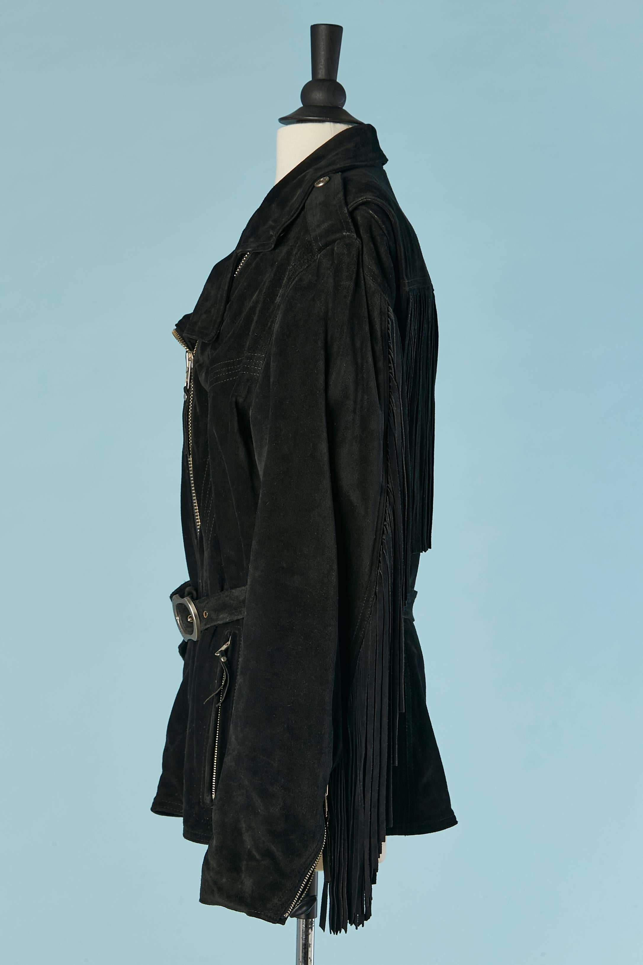 Black suede biker jacket with fringes sleeves and back Harley Davidson For Sale 1