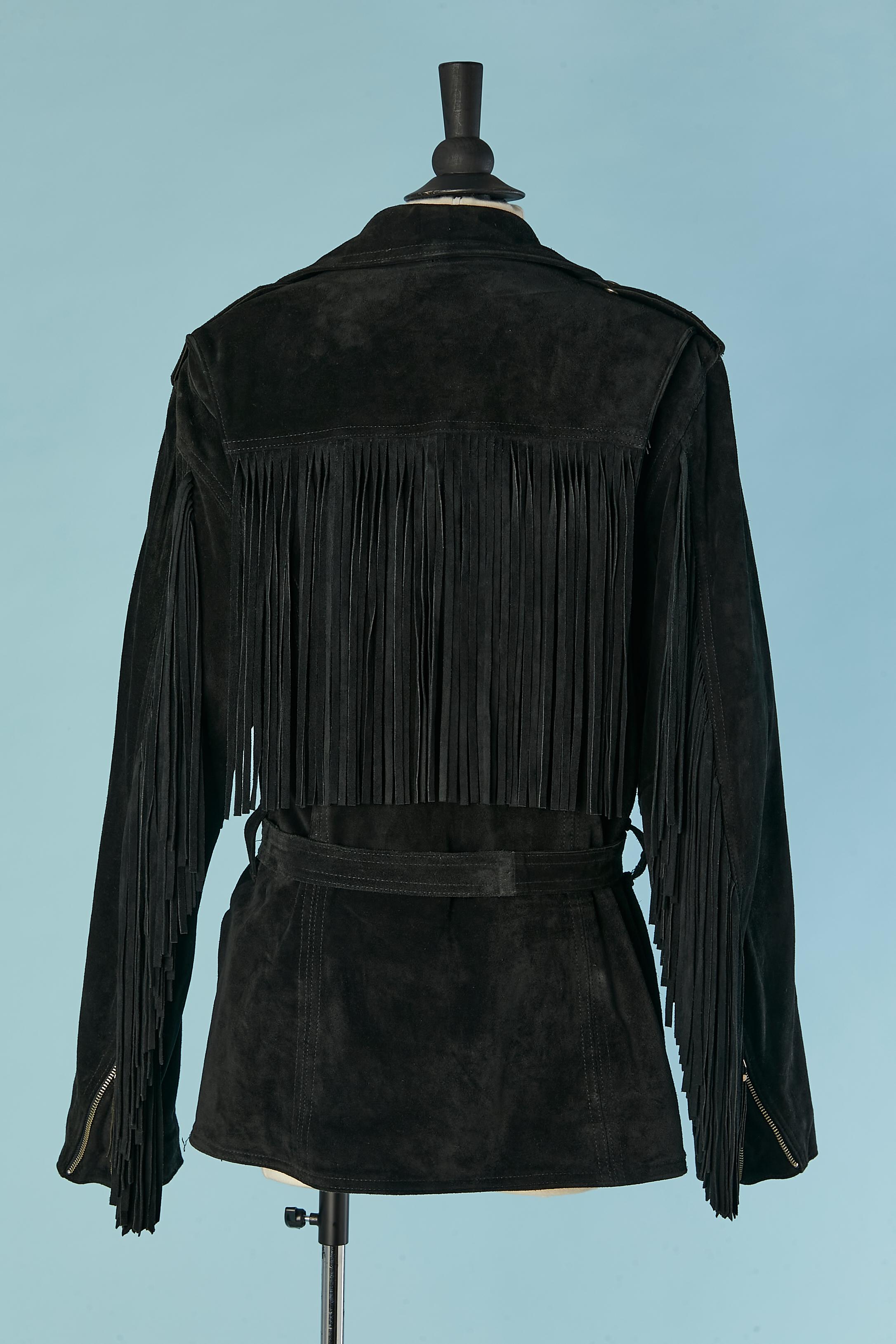 Black suede biker jacket with fringes sleeves and back Harley Davidson For Sale 2