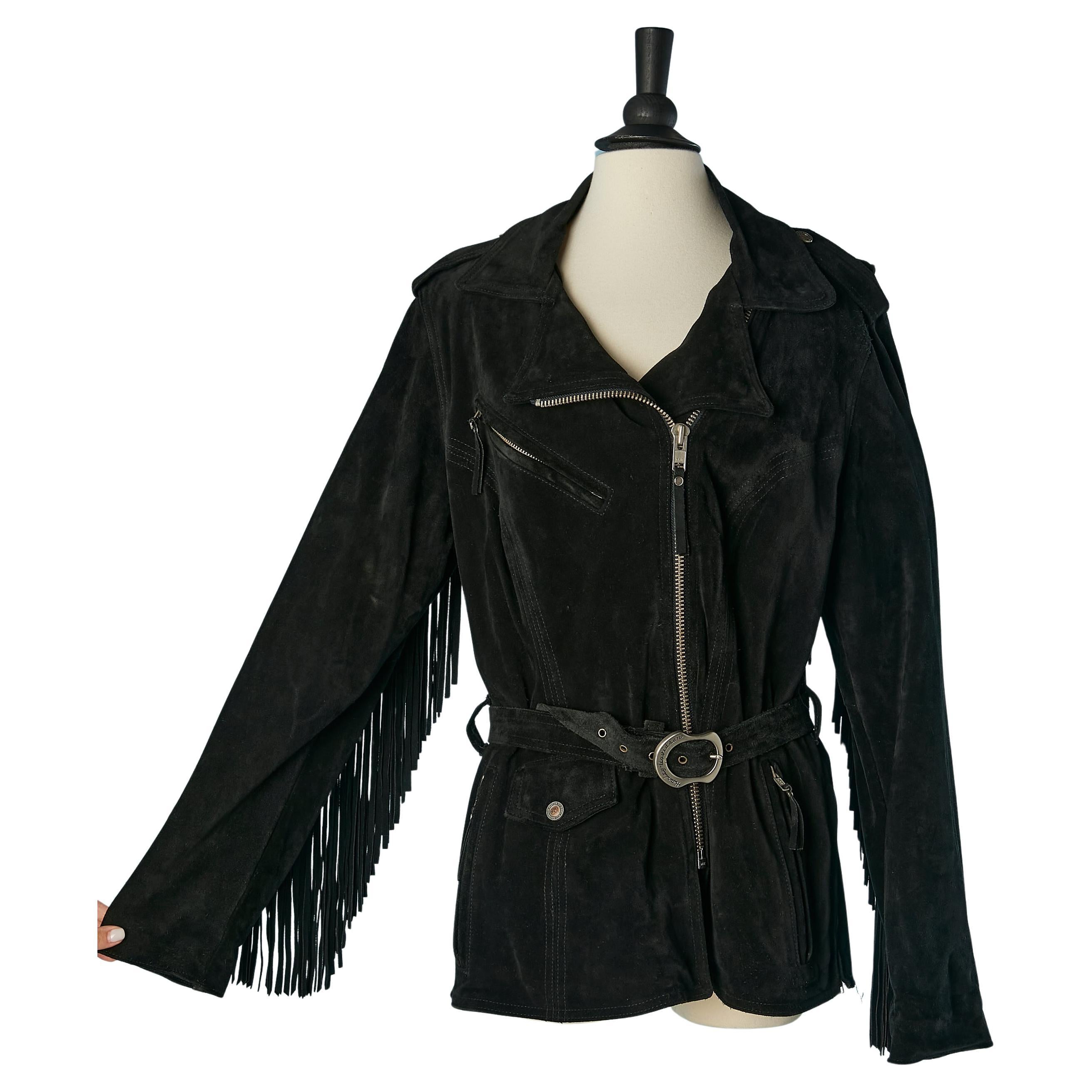 Black suede biker jacket with fringes sleeves and back Harley Davidson For Sale