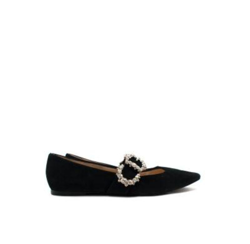 Jimmy Choo Black Suede Crystal Buckle Mary Jane Flat Pumps
 

 - Soft black suede upper, with a squared-off toe, and chunky Mary Jane strap
 - Crystal adorned silver-tone metal buckle 
 - Flat leather sole 
 

 Materials
 Suede
 Crystal 
 Leather

