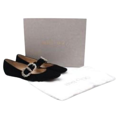 Black Suede Crystal Buckle Mary Jane Flat Pumps For Sale