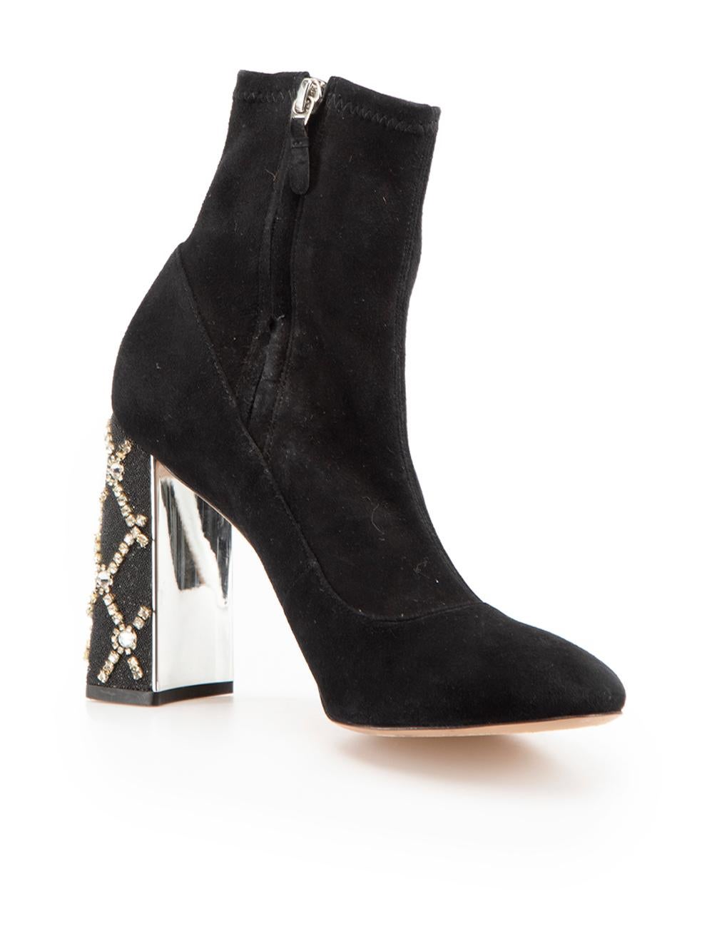 CONDITION is Good. Minor wear to boots is evident. Light wear to both heel embellishment with missing crystals on this used Sophia Webster designer resale item.



Details


Black

Suede

Heeled boots

Almond toe

Jewelled heel stems

Square block