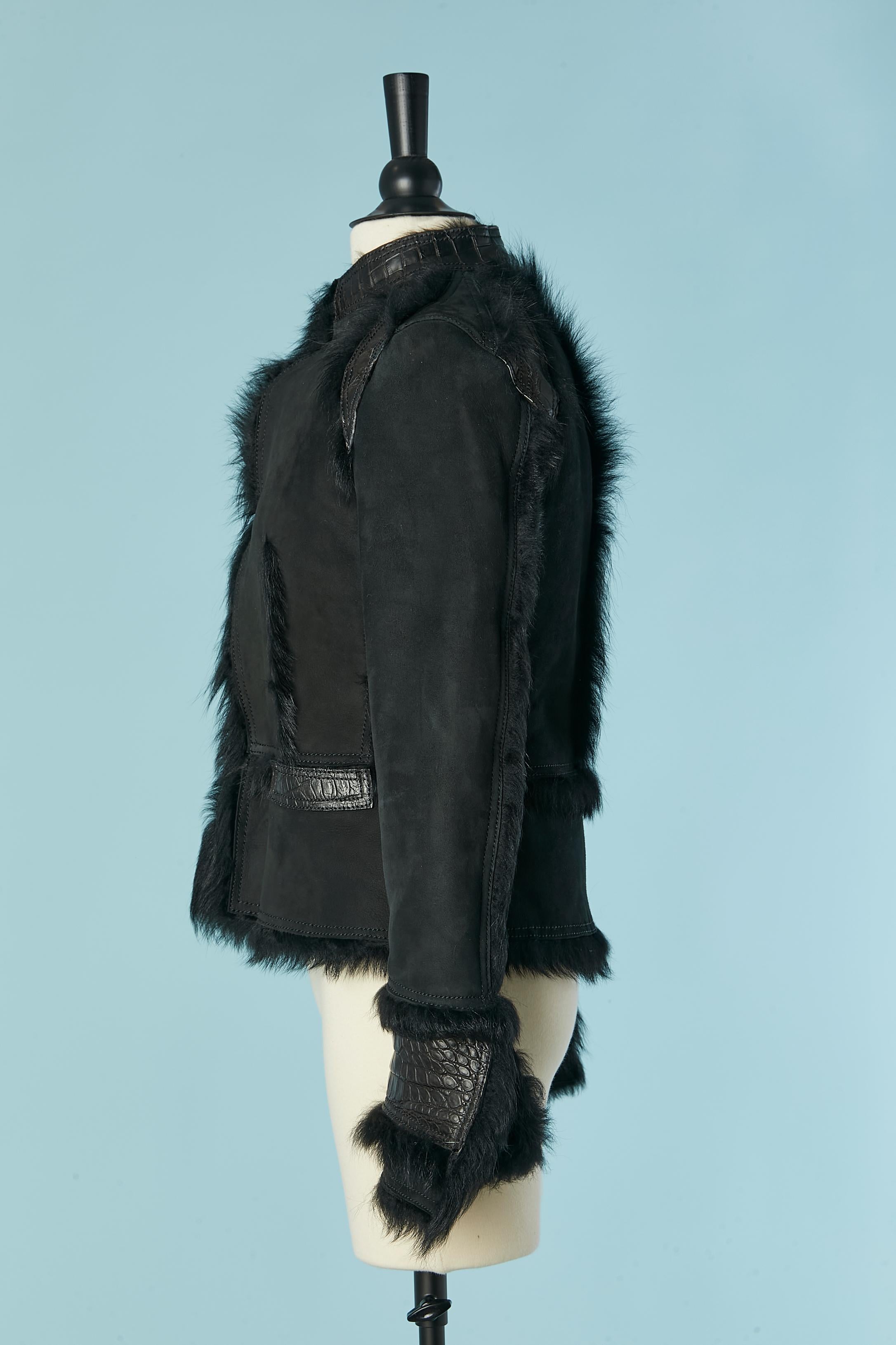 Giacca in pelle scamosciata nera con interno in pelliccia e dettagli in pelle SHIRO in vendita 1