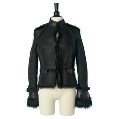Veste en daim noir bord à bord avec intérieur en fourrure et détails en cuir SHIRO