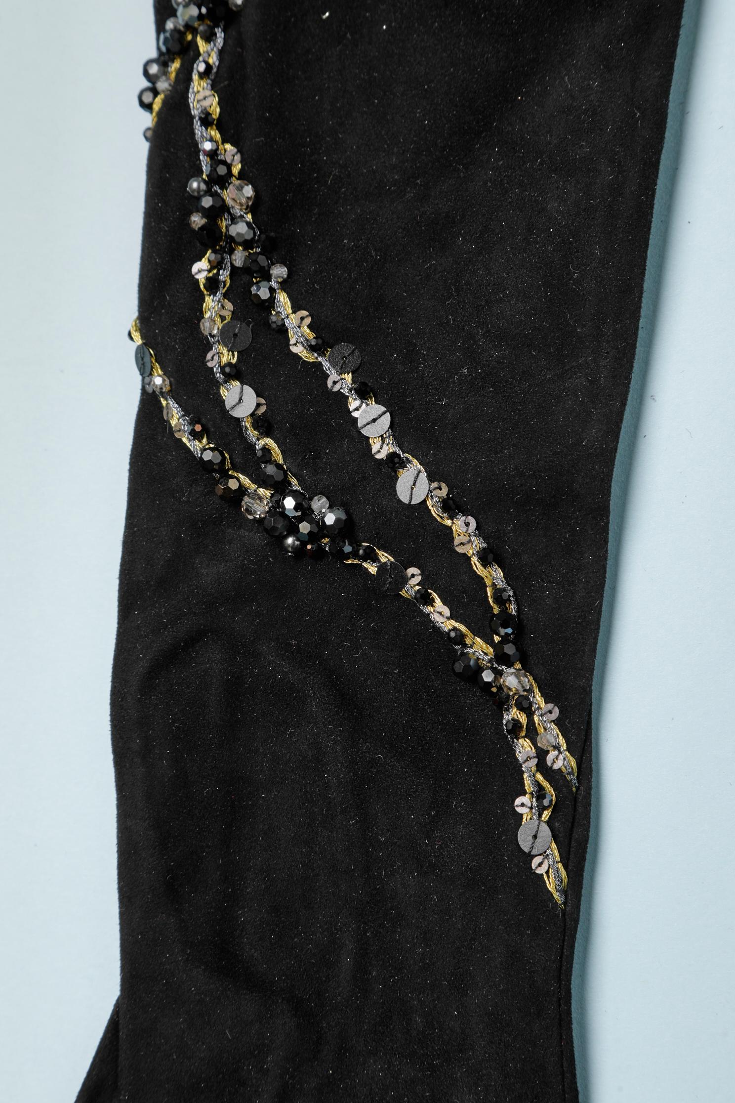 Women's or Men's Black suede evening gloves with lurex, sequin and beadwork Daniel Swarovski NEW For Sale