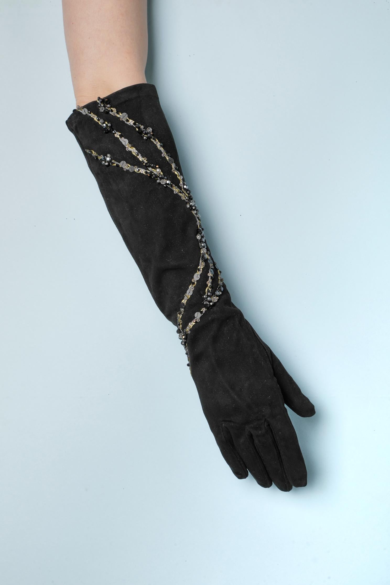Black suede evening gloves with lurex, sequin and beadwork Daniel Swarovski NEW For Sale 2