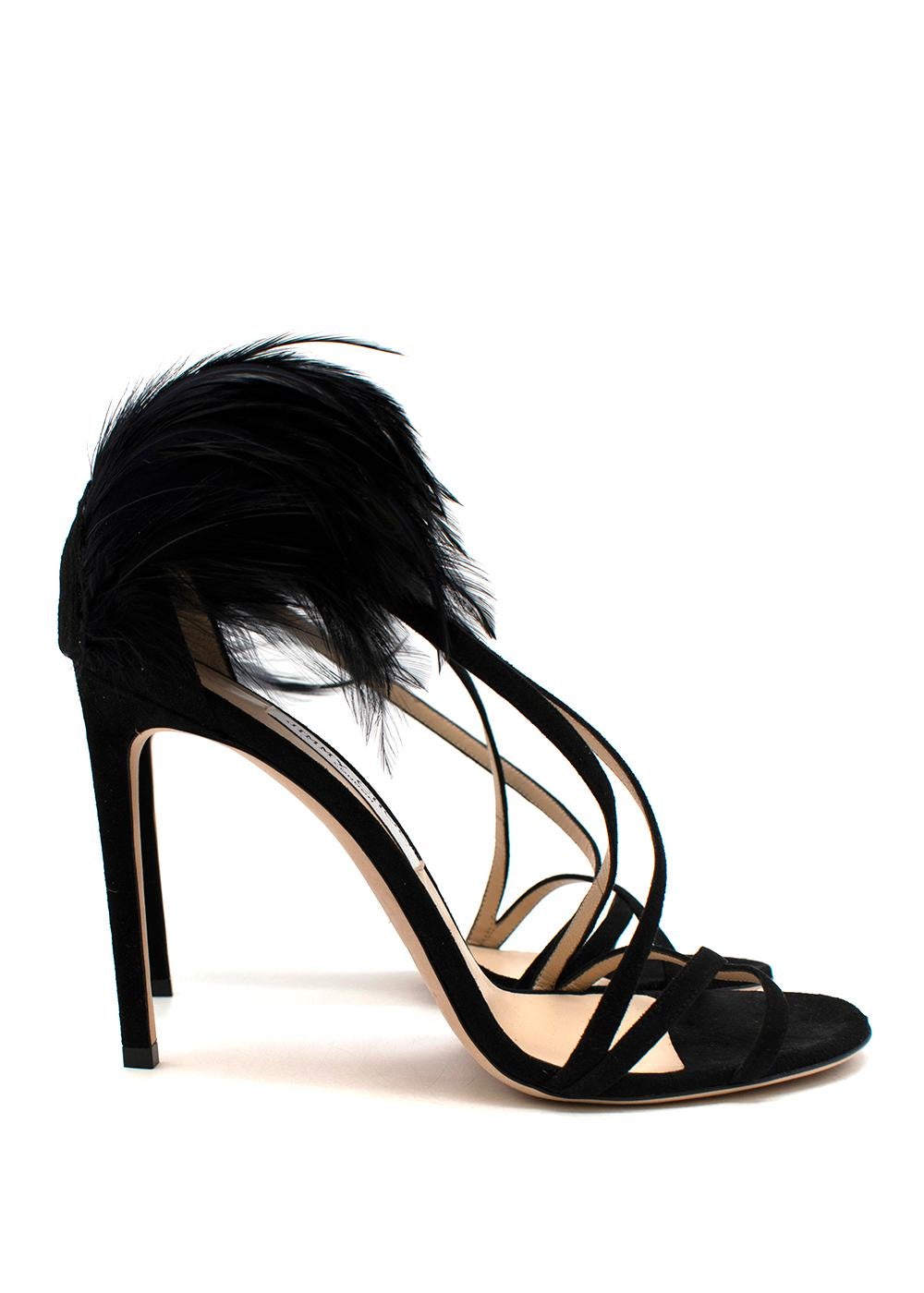 Jimmy Choo black suede feather trimmed Belissa 100 heeled sandals

- Strappy, black suede sandals with a feather-trimmed heel cuff
- Adjustable buckled ankle strap
- Set on a high stiletto heel 

Materials:
Suede and feather 

Made in Italy 

PLEASE