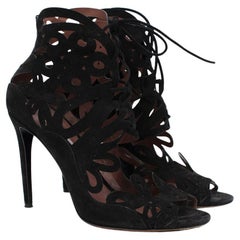 Black Suede Filigree Cut-Out Heeled Booties