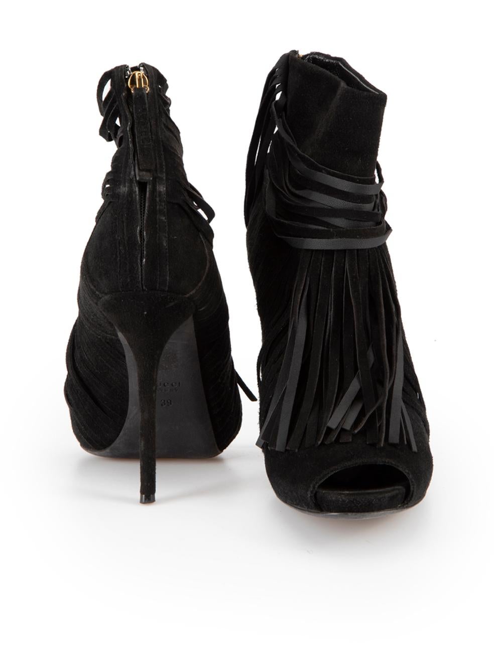 Gucci Black Suede Fringed Peep Toe Boots Size IT 39 In Good Condition For Sale In London, GB