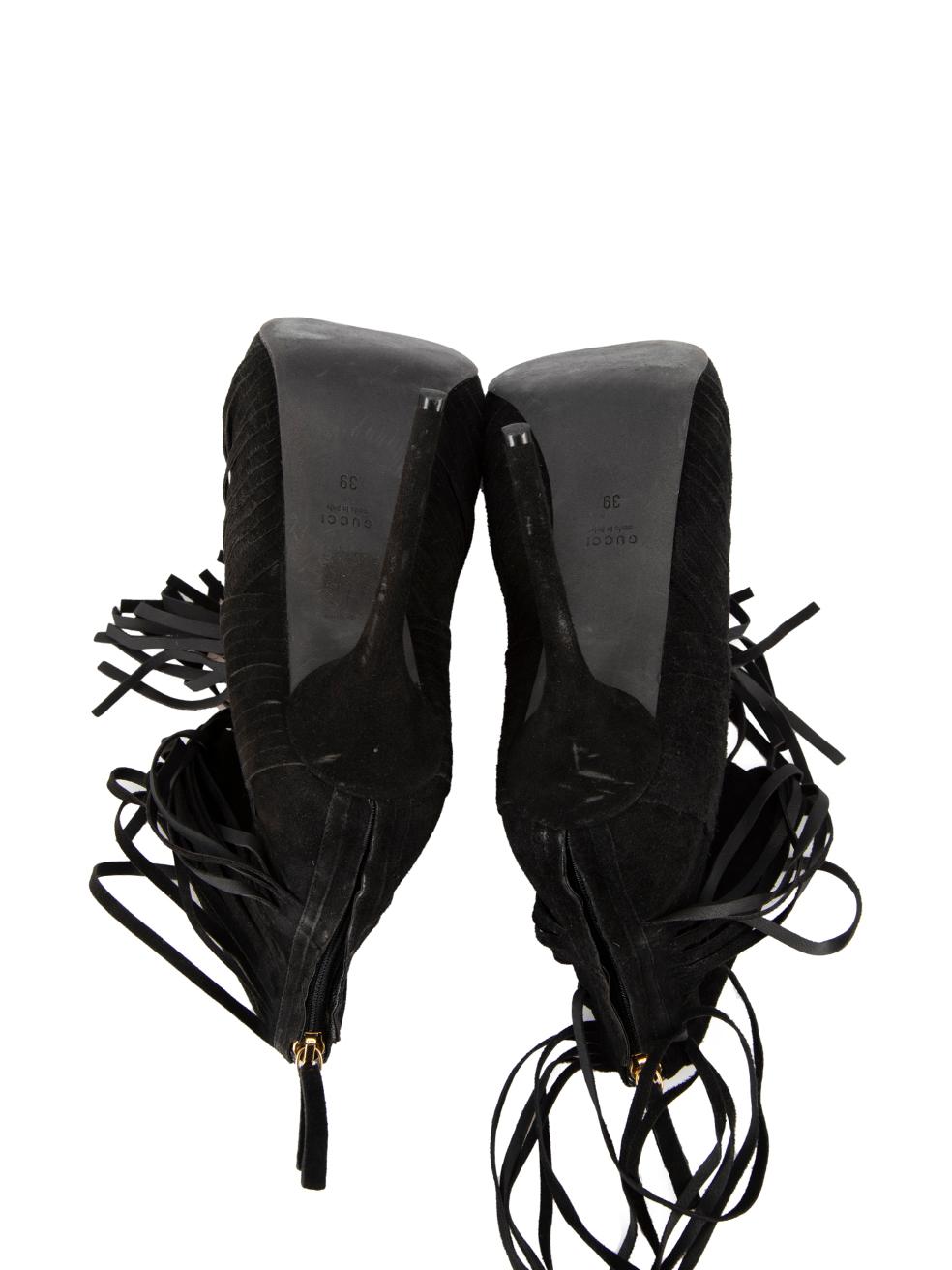 Women's Gucci Black Suede Fringed Peep Toe Boots Size IT 39 For Sale